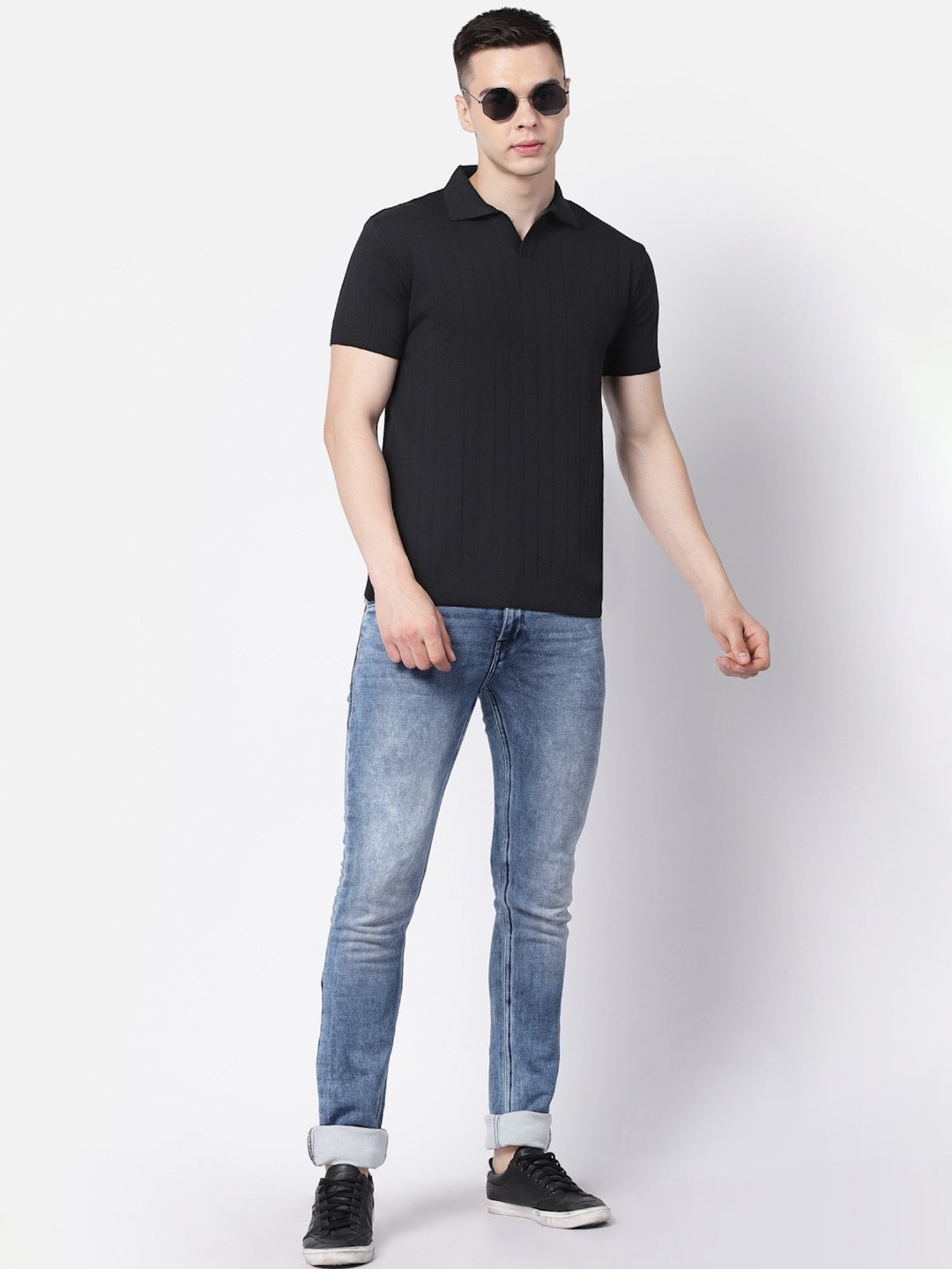 Kalt Black Regular Fit Striped Polo T-Shirt