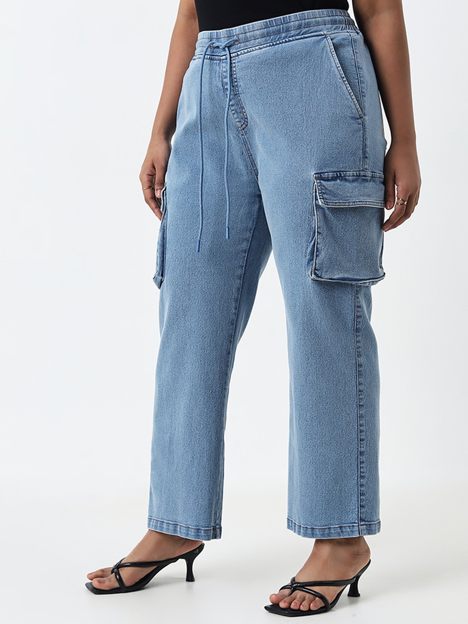 Gia by Westside Light Blue Cargo-Style Straight-Fit High-Rise Jeans