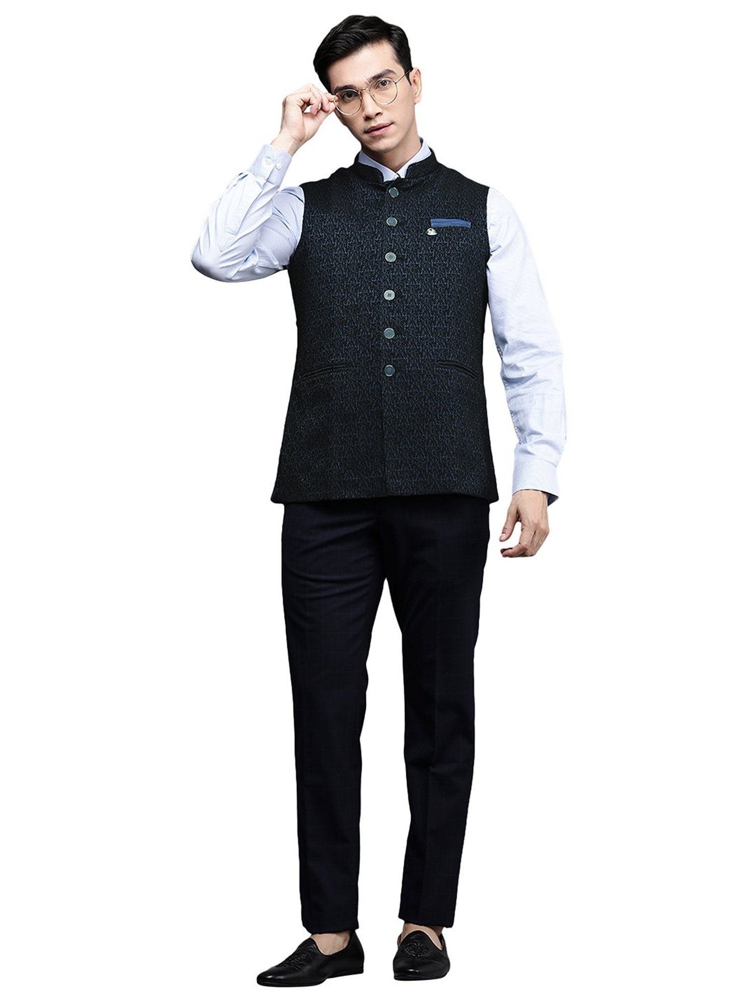 Manyavar Blue Mandarin Collar Nehru Jacket
