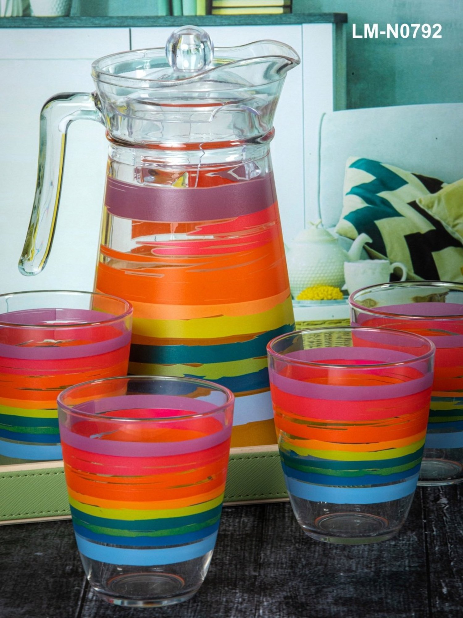 Luminarc Multicolor Glass Jug and Glass - Set of 6