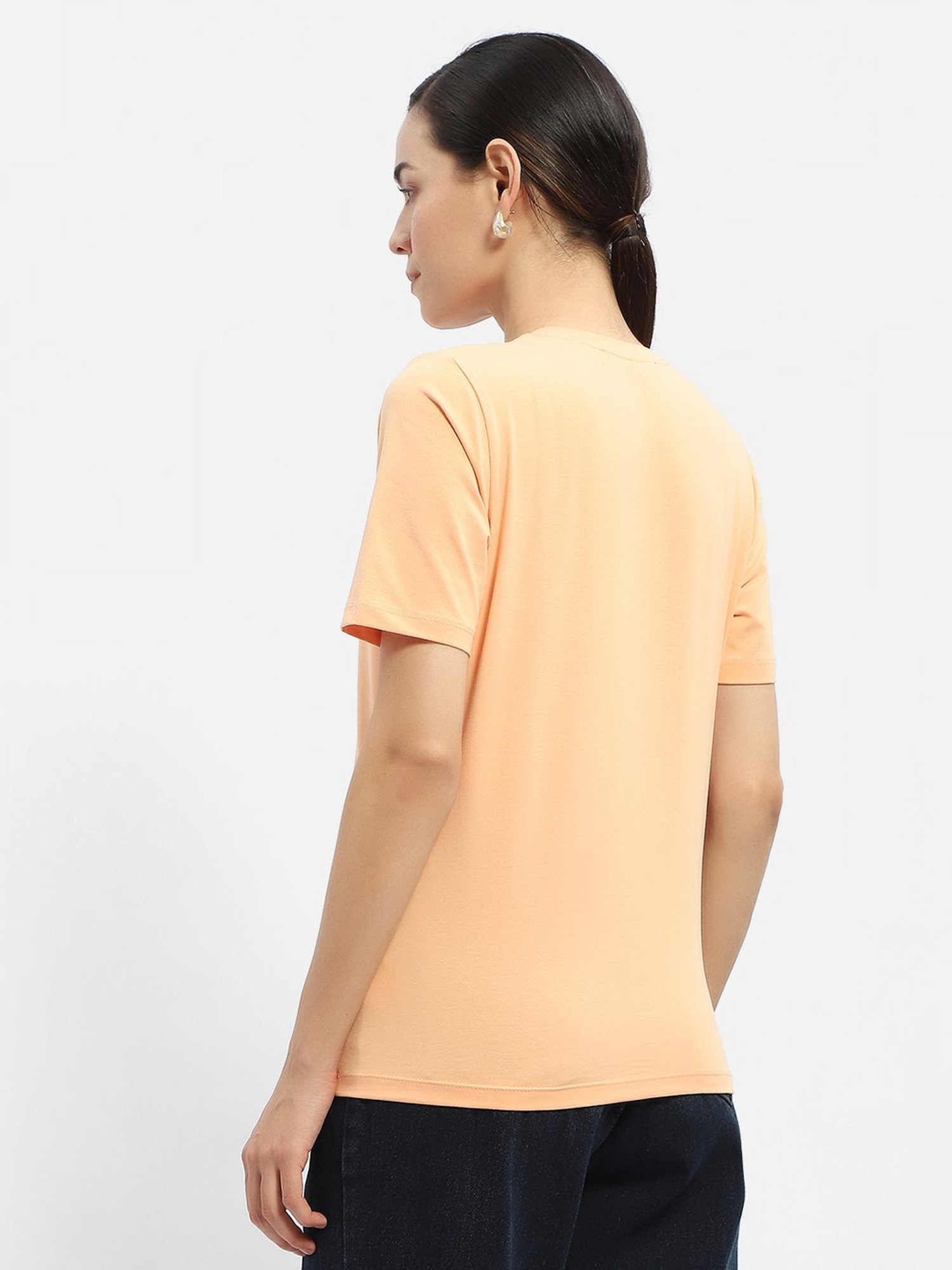 MADAME Peach Cotton Embellished T-Shirt