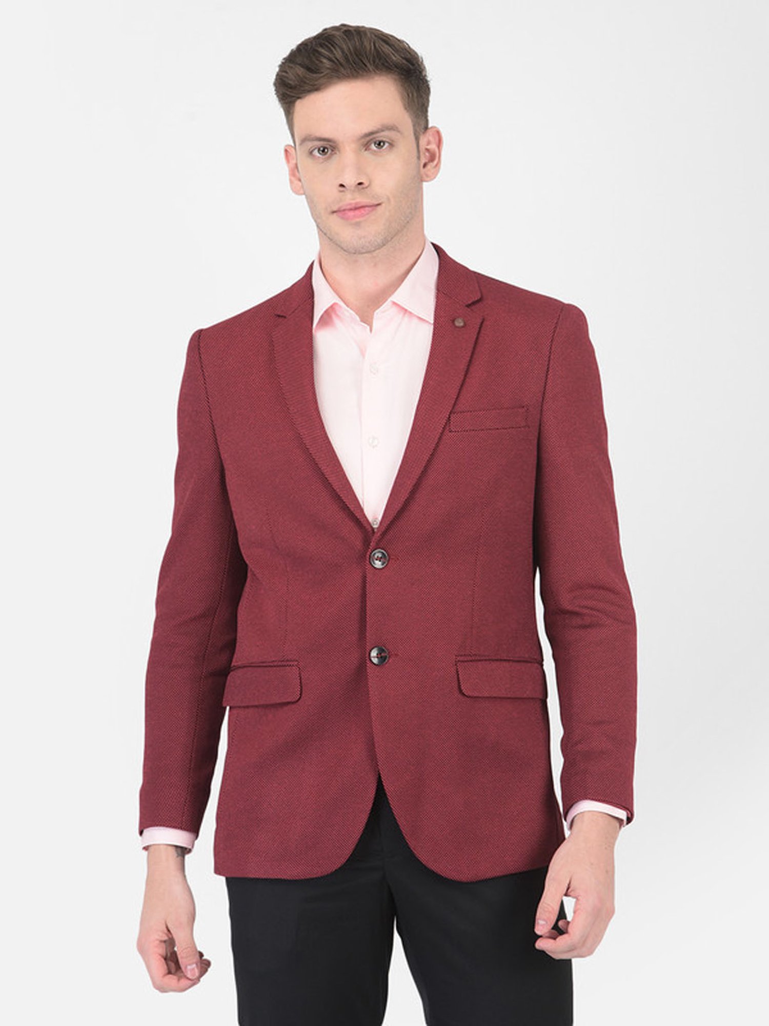 Turtle Maroon Slim Fit Self Pattern Blazer