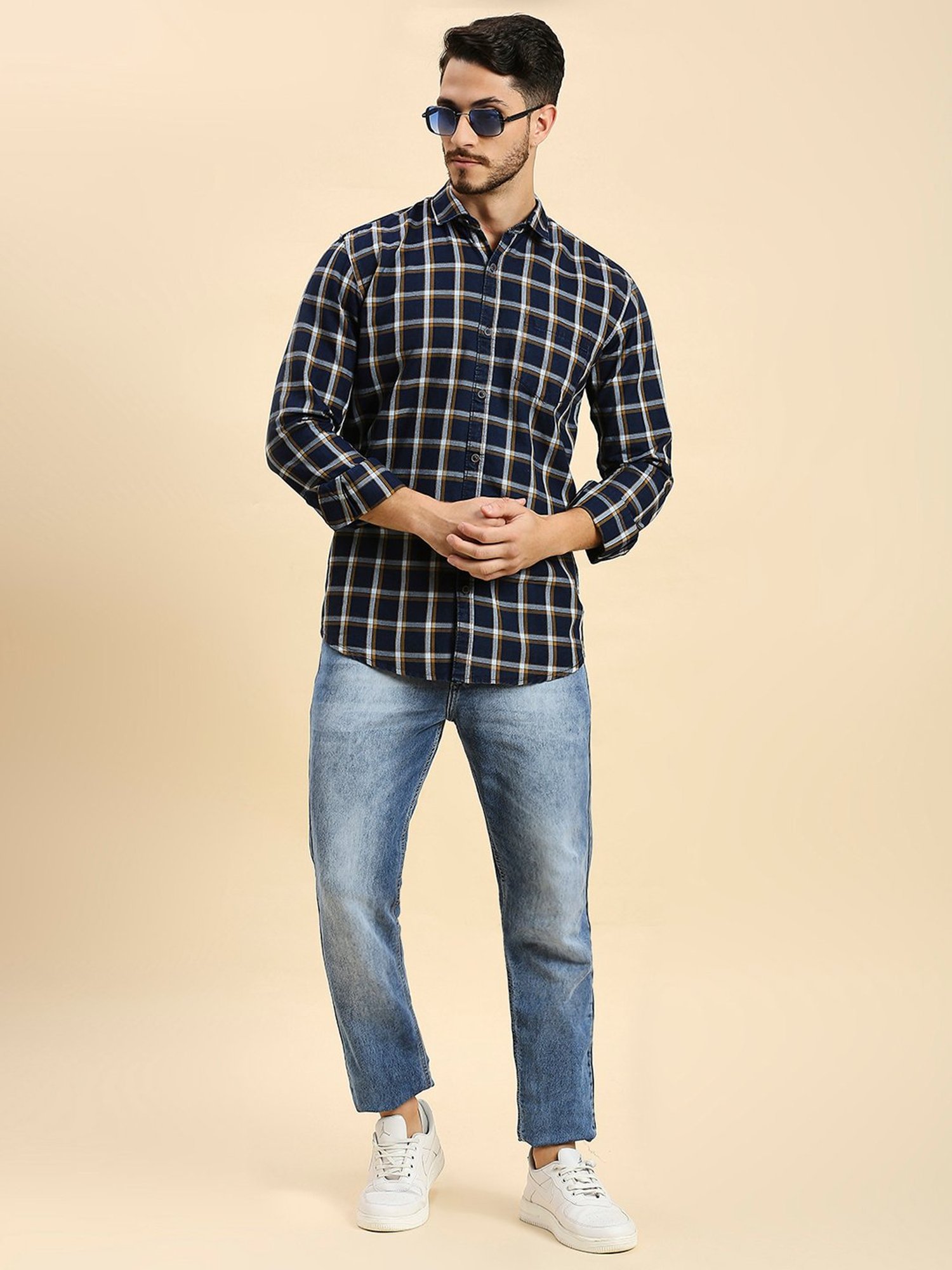 HJ HASASI Navy Slim Fit Check Cotton Shirt