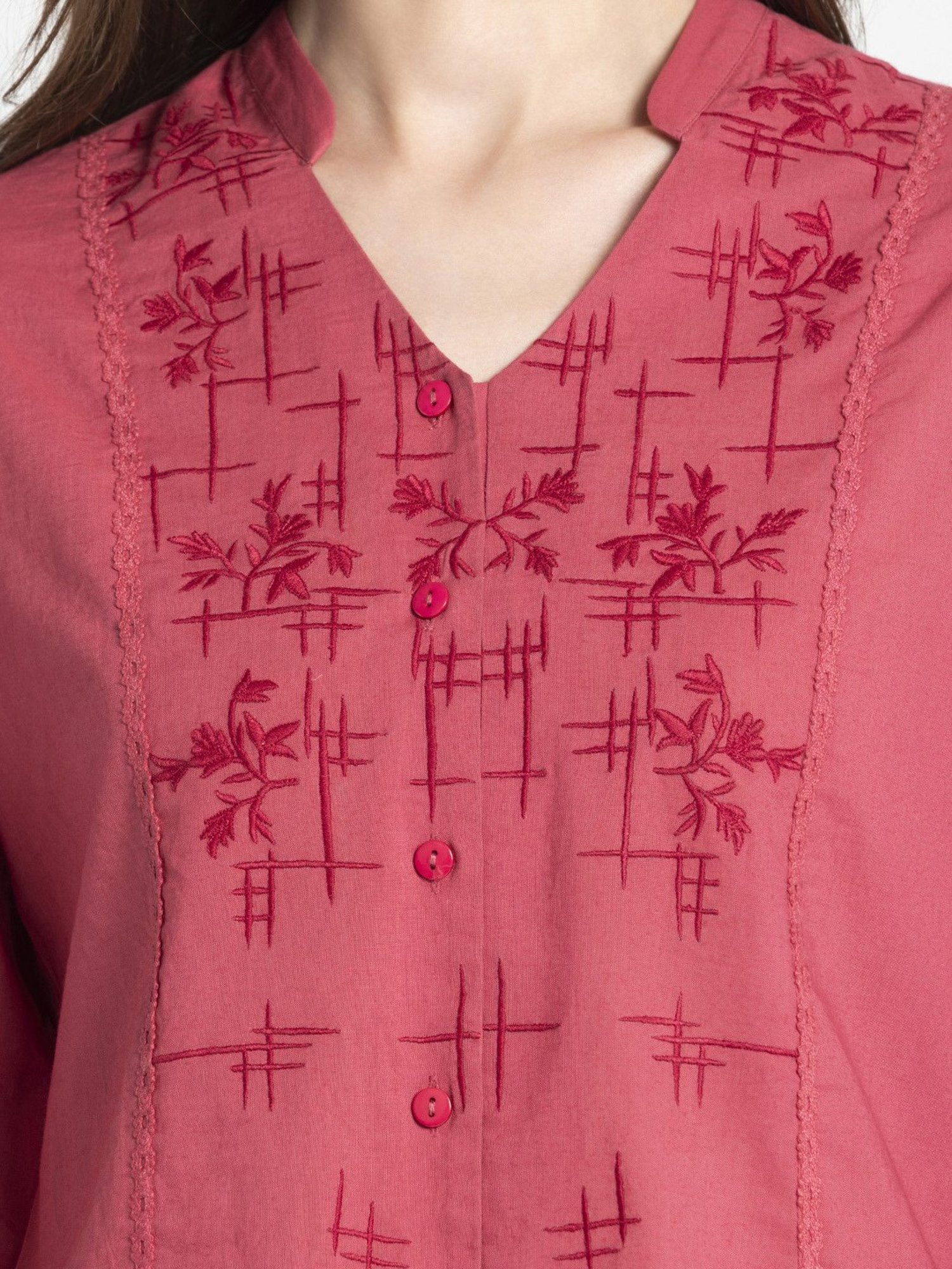 SHAYE Coral Cotton Embroidered Top