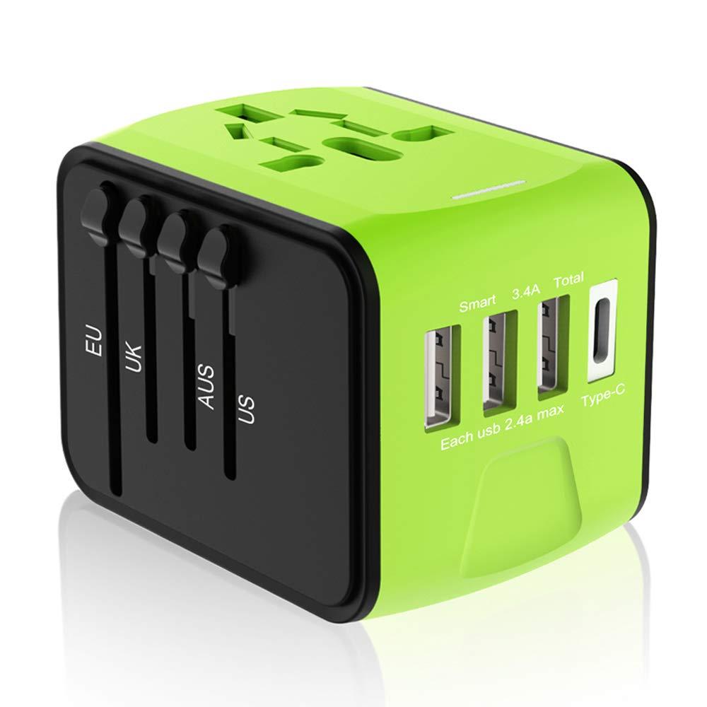 Travel Plug Adapter, Universal Travel Adapter, Travel Power Plug Adapter, International Power Adapter with 3.4A 3 USB & 1 Type-C, for UK, EU, US, AUS, and More 170 Countries (Green)