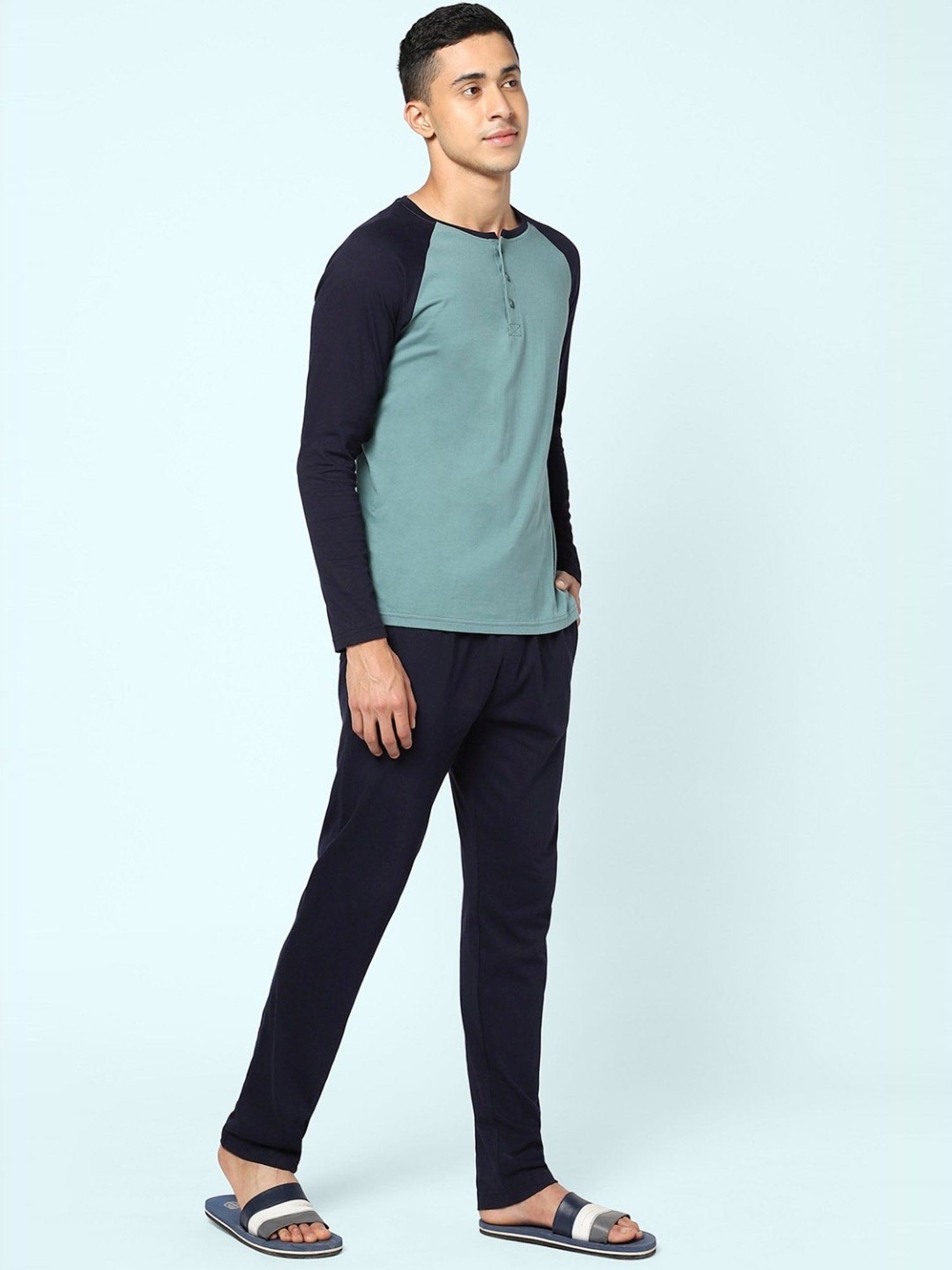 Ajile By Pantaloons Sage Green & Black Cotton Slim Fit Colour Block Lounge T-Shirt