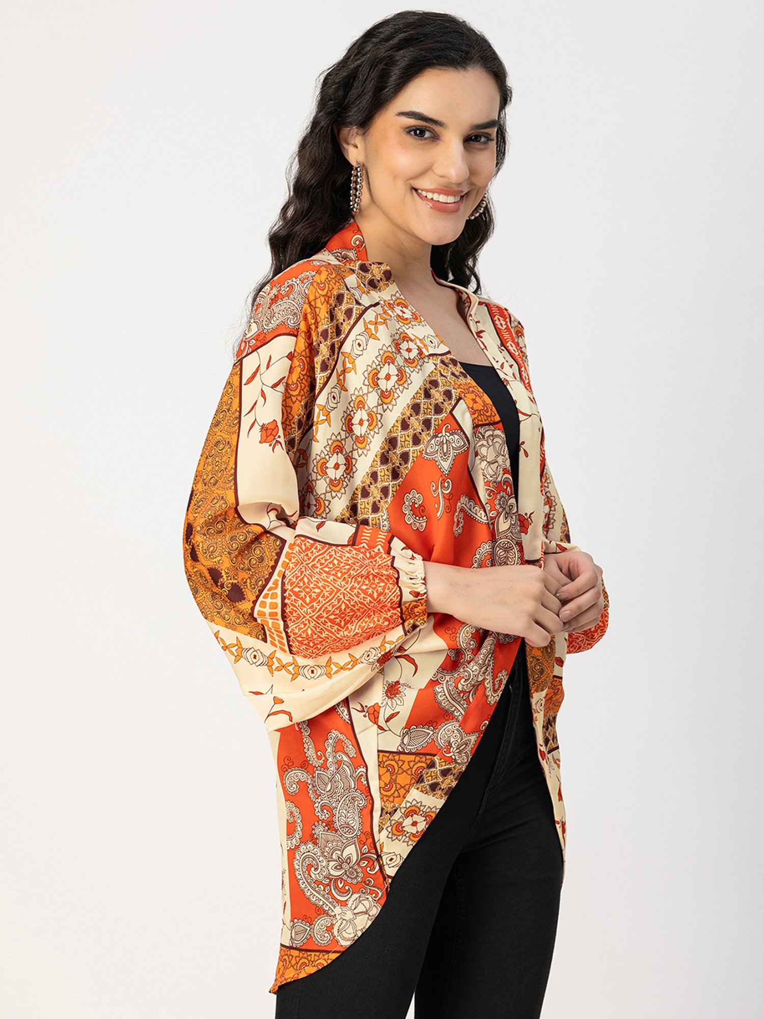 Moomaya Orange & Beige Floral Print Shrug