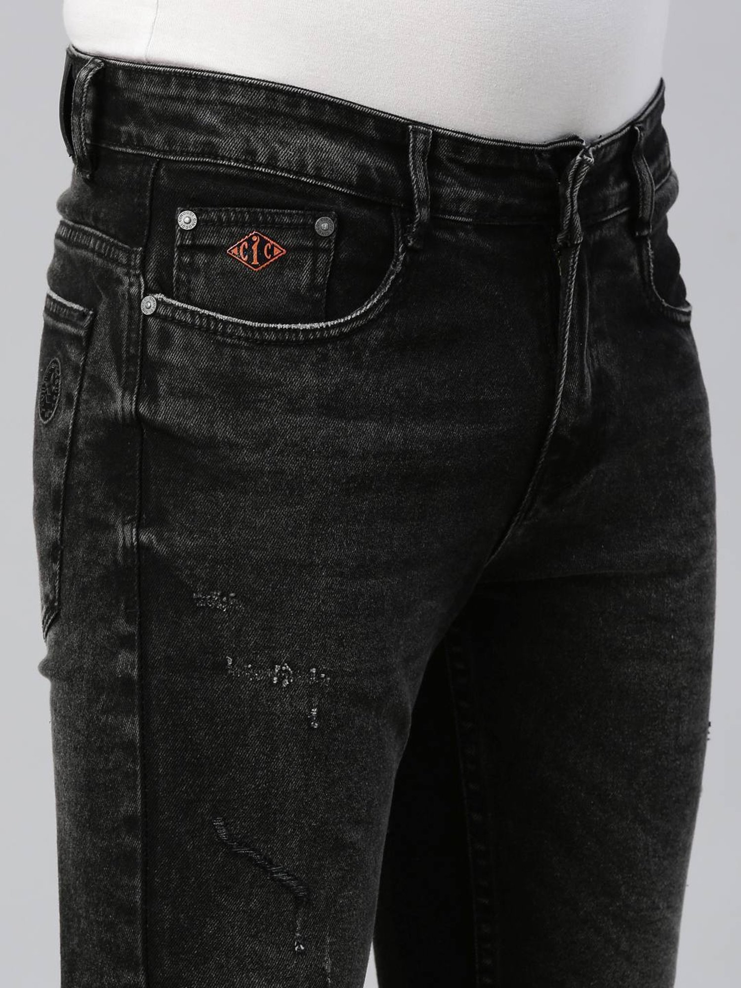CINOCCI Black Cotton Slim Fit Distressed Jeans