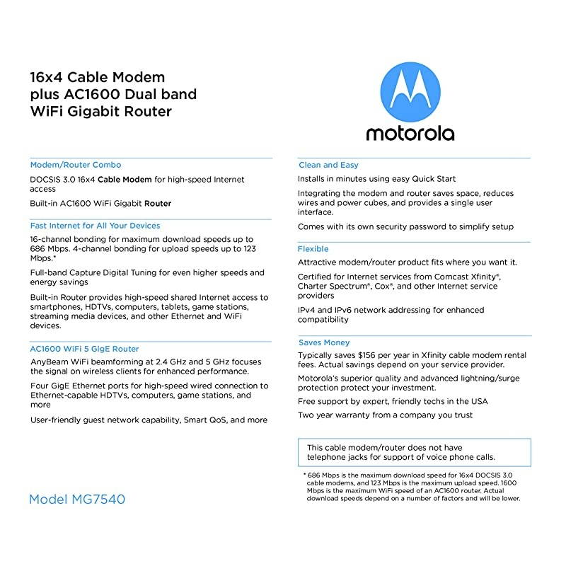 MG7540 16x4 Cable Modem Plus AC1600 Dual Band Wi-Fi Gigabit Router with DFS, 686 Mbps Maximum DOCSIS 3.0 - Approved by Comcast Xfinity, Cox, Charter Spectrum, More