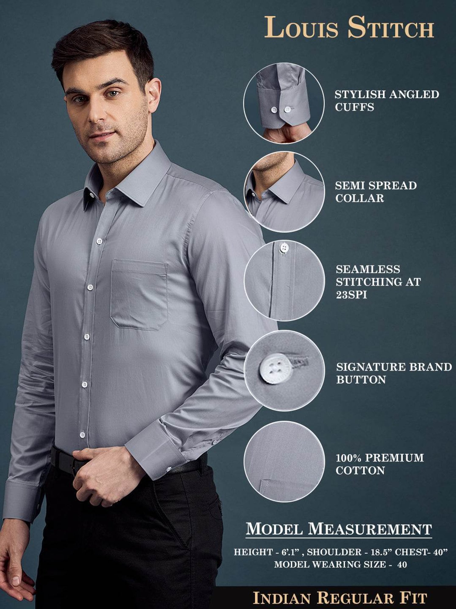Louis Stitch Grey Cotton Regular Fit Shirt