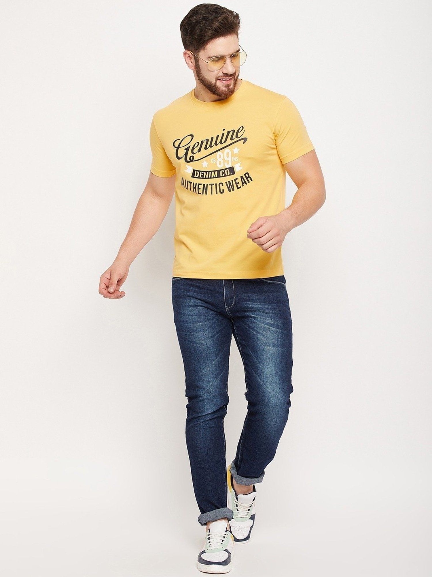 Cantabil Yellow Regular Fit Printed T-Shirt