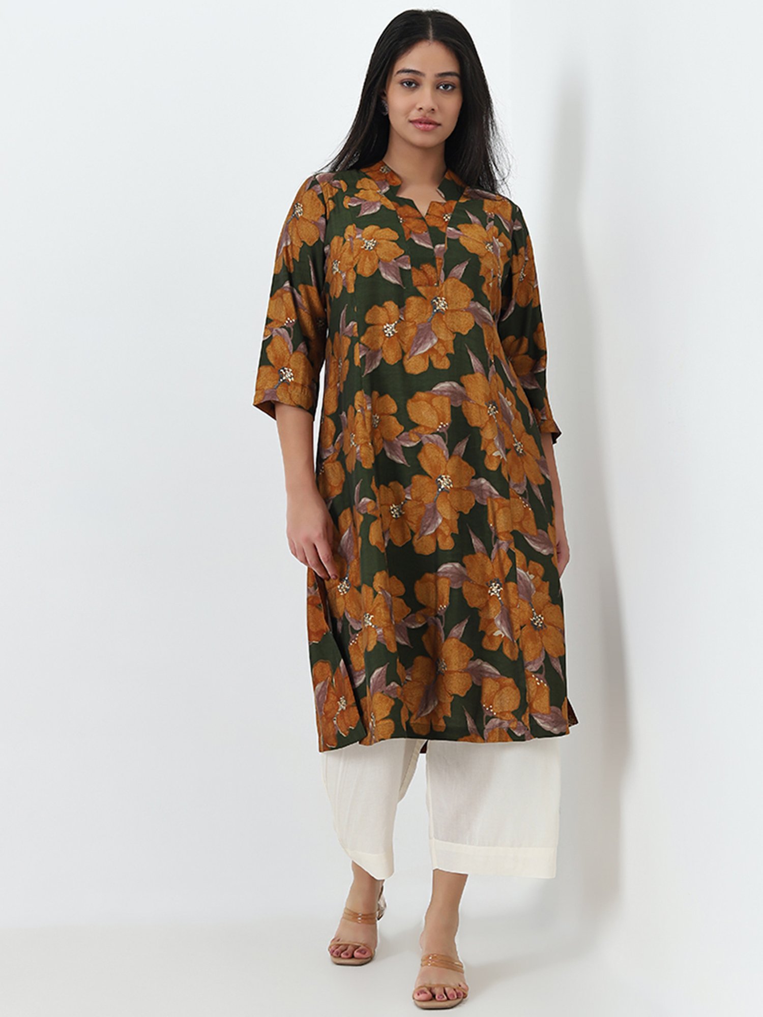 Diza by Westside Dark Green Floral Printed A-Line Kurta