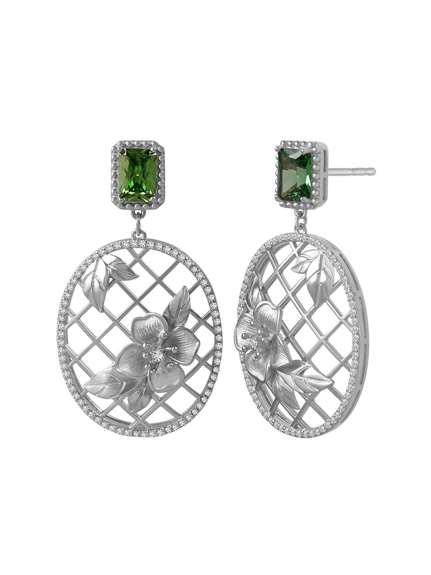 Rihi by P.C. Chandra Jewellers 92.5 Sterling Silver Green Stone Oval Drop Earrings for Women & Girls