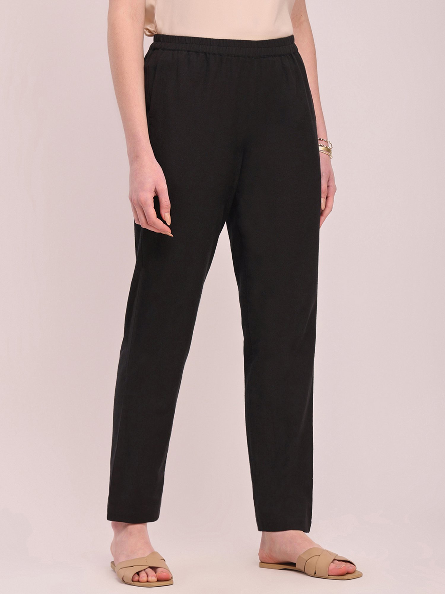 Pink Fort Black Cotton Relaxed Fit Pants