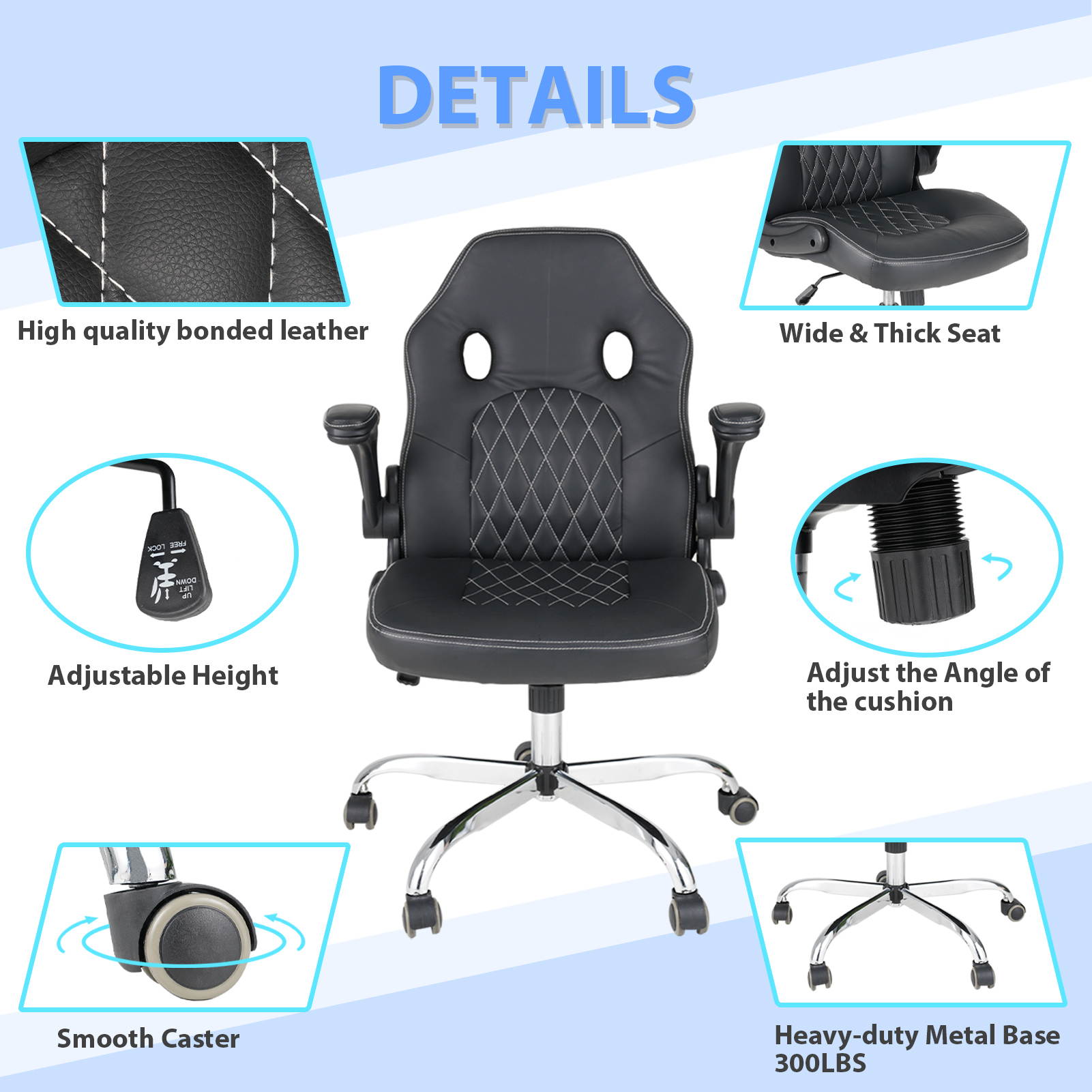 Office Chair, Gaming Chair Bonded Leather, Ergonomic Computer Desk Chair Task Swivel Executive Chairs High Back with Flip-up Armrests and Rolling Casters (Black)
