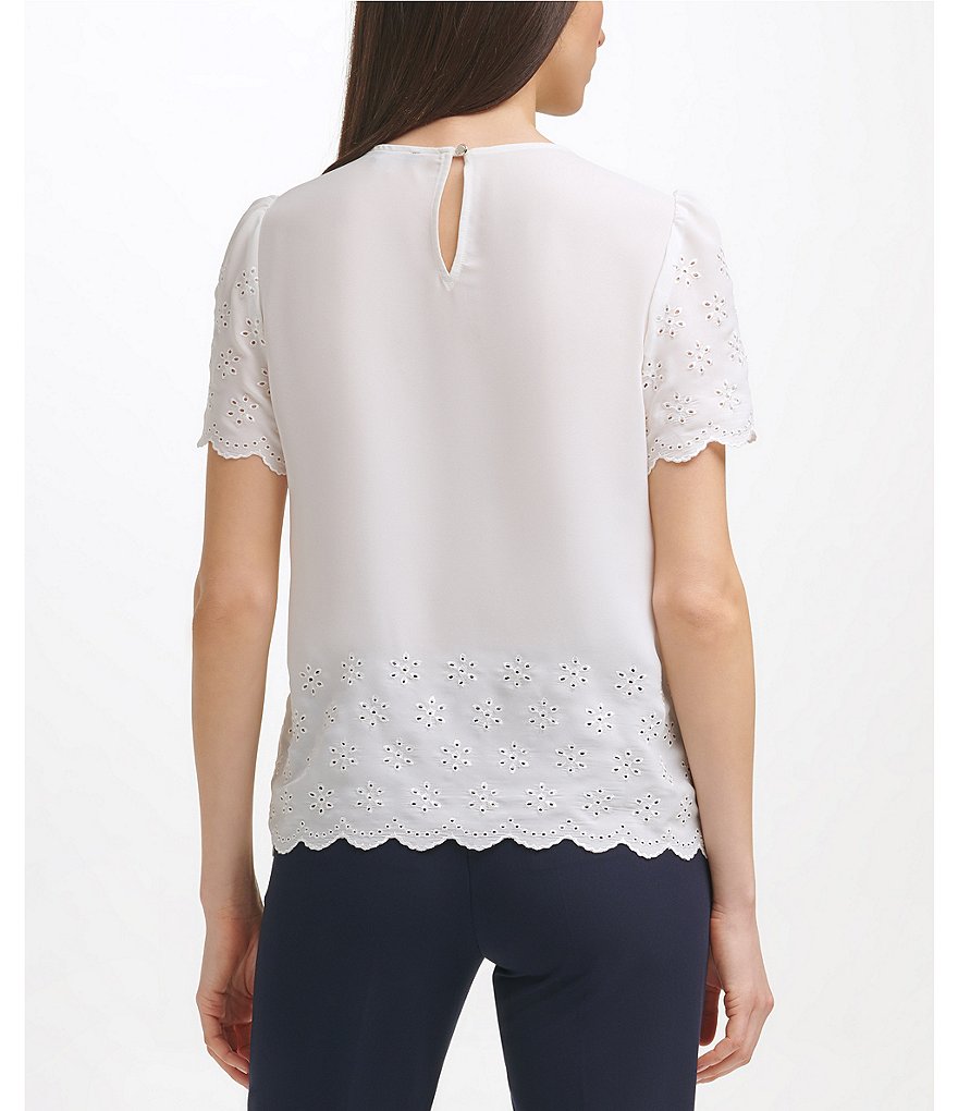 Tommy Hilfiger Jewel Neck Short Sleeve Scalloped Trim Eyelit Lace Woven Top