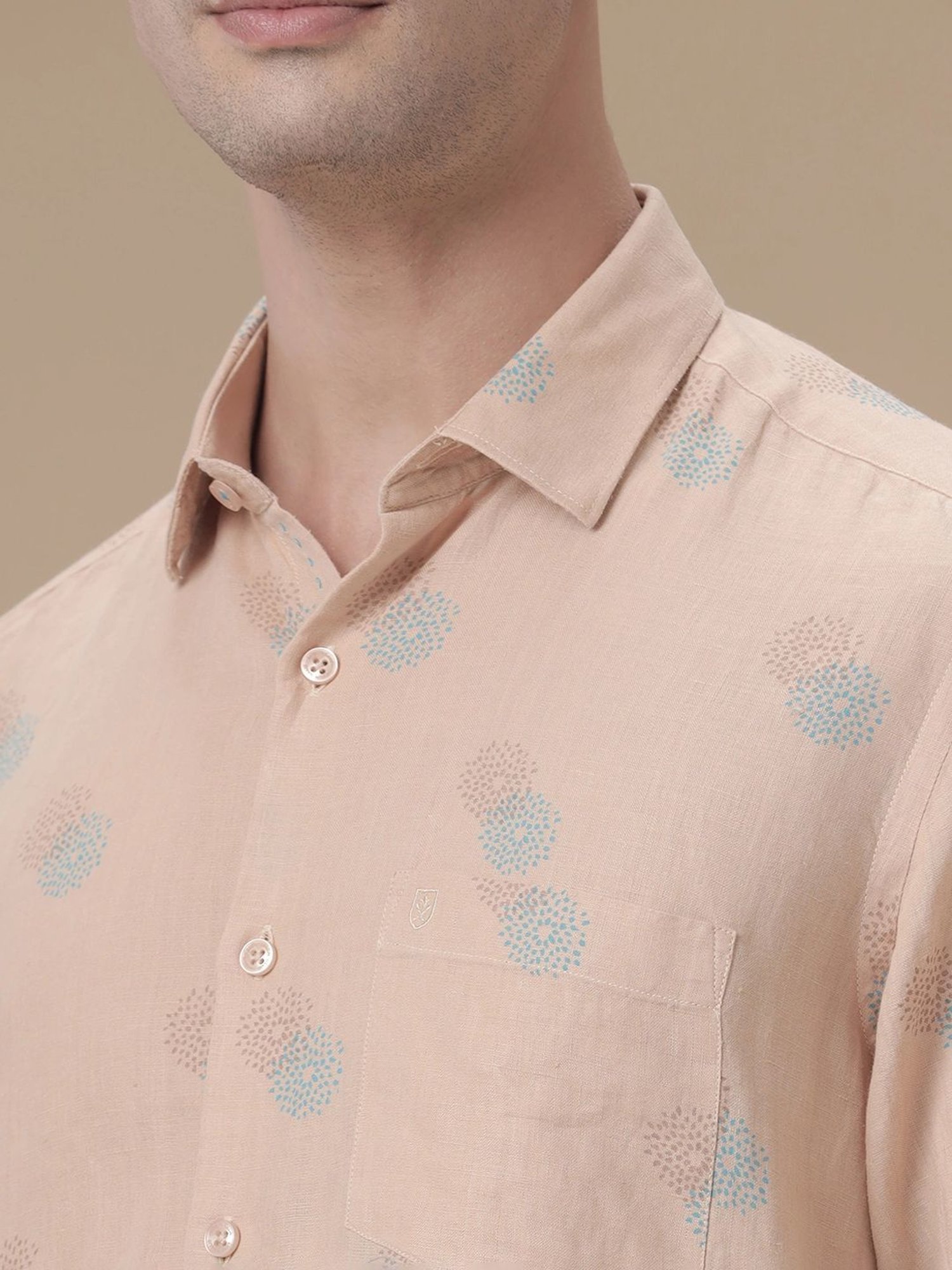 Linen Club Peach Linen Contemporary Fit Printed Shirt