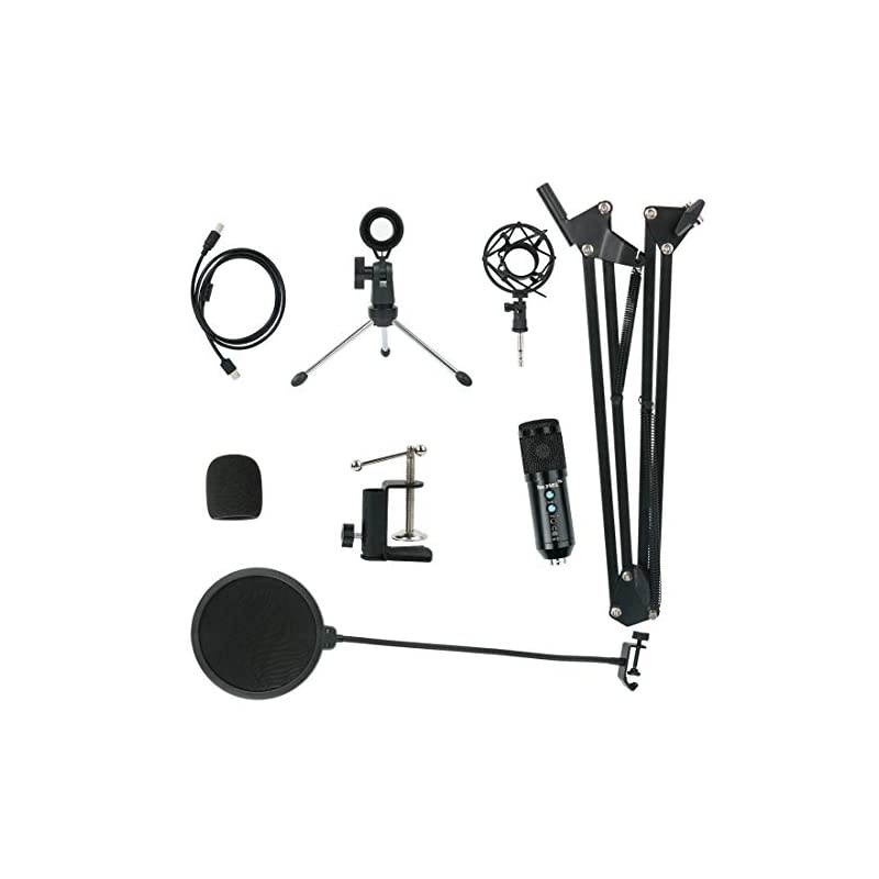 Condenser Microphone for Computer, Professional PC Microphone Kit with Noise Cancelling, Mute Button, Adjustable Metal Arm Stand, Great for Gaming, Podcast, LiveStreaming, Recording, Black