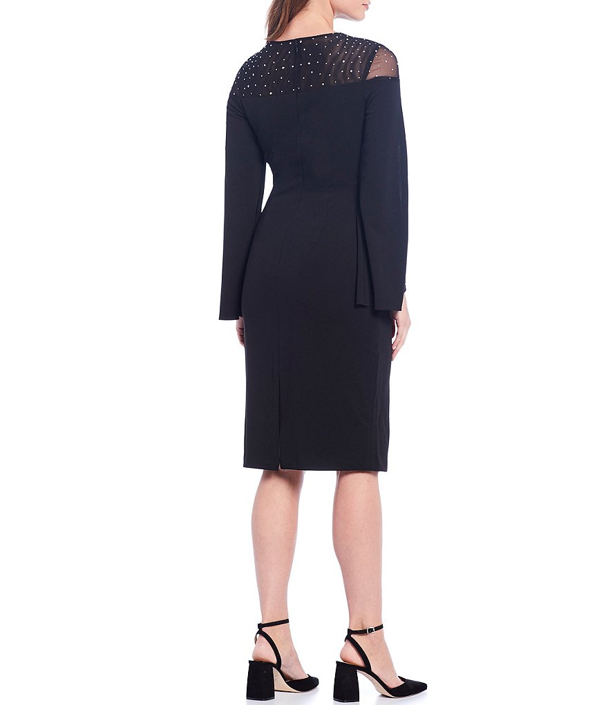 Betsy & Adam Illusion Crystal Jewel Neck Long Sleeve Stretch Sheath Dress