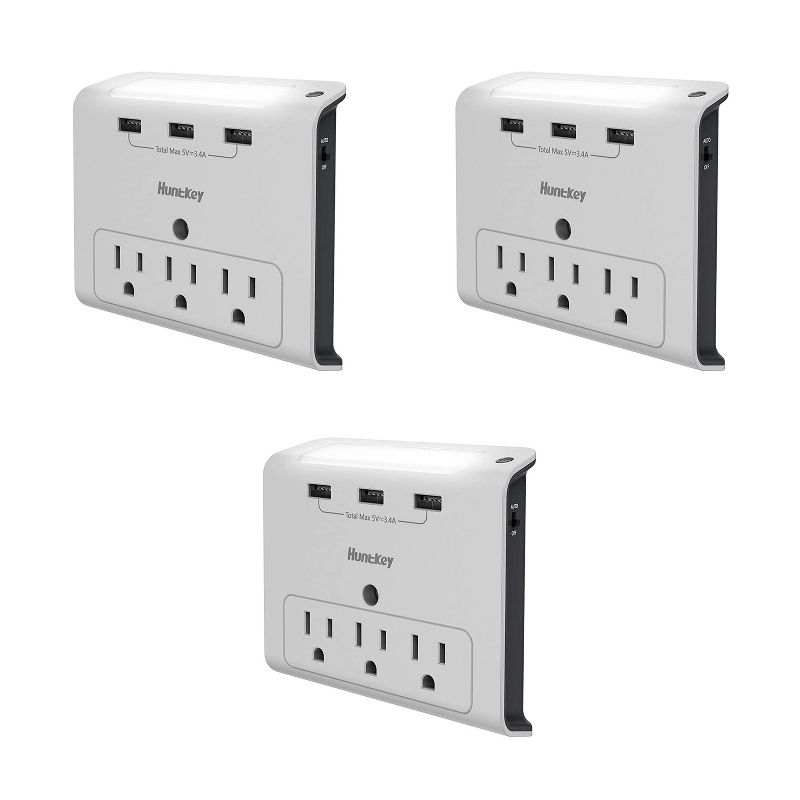 Huntkey 3 x SMD307 High Efficiency Wall Mount Outlet with Three 2.1 Amp USB Ports and Standard American Outlets, Cradle Ledge, White (2 Pack)