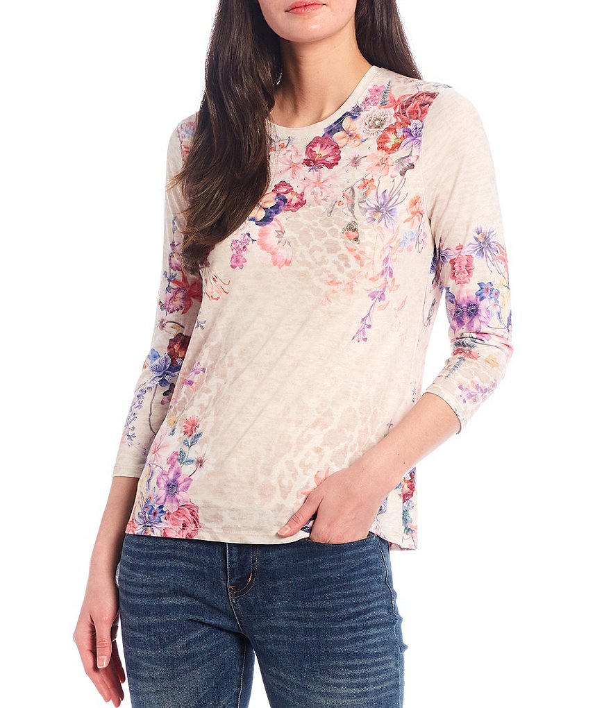 Reba Crystal Embellished 3/4 Sleeve Mixed Print Burnout Jersey Knit Tee