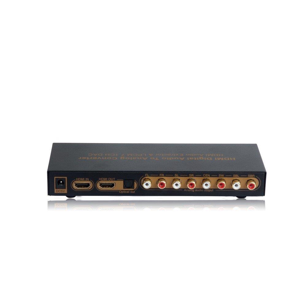 LPCM 7.1CH HDMI Audio Converter.Supports 12-bit Deep Color Full HD,3D and 4K2K video.Uses 24bit /192KHz DAC.Support multi-channel LPCM digital audio to analog output, up to 7.1CH.