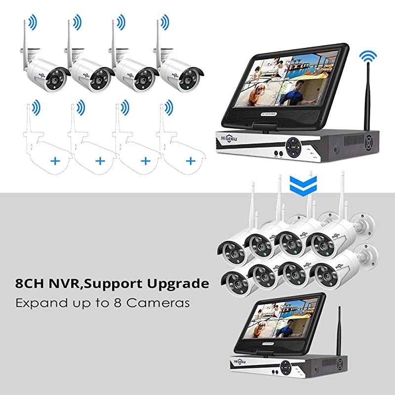 8CH Expandable, 2K]  All-in-one with 8CH 10.1" 1296P Monitor Wireless Security Camera System, 4pcs 3MP Indoor/Outdoor Wireless Home Security Camera System, Remote Access, One-way Audio, 1TB HDD