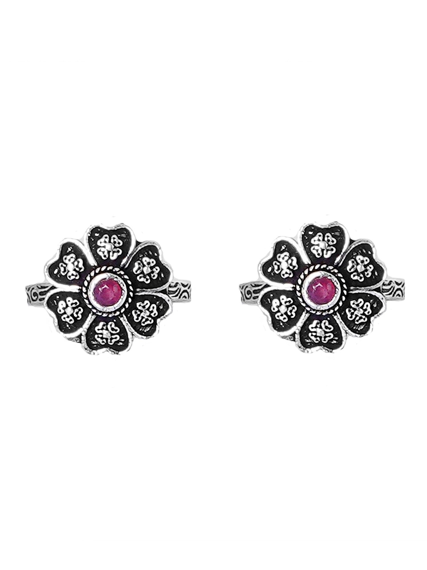Teejh Ethnic Ruhi Pink Stone Silver Oxidized Toe Rings for Women
