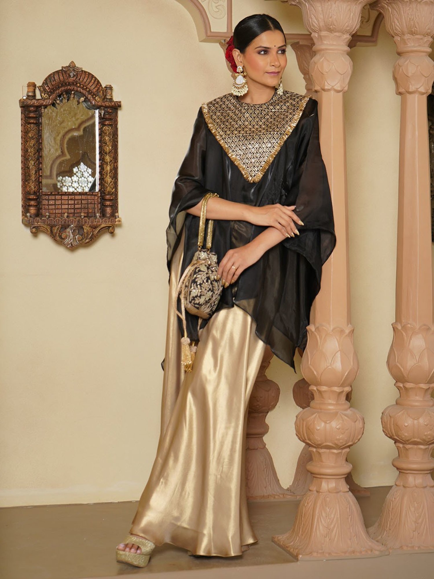 Monk and Mei Aza Satin Sharara Pants with Cape