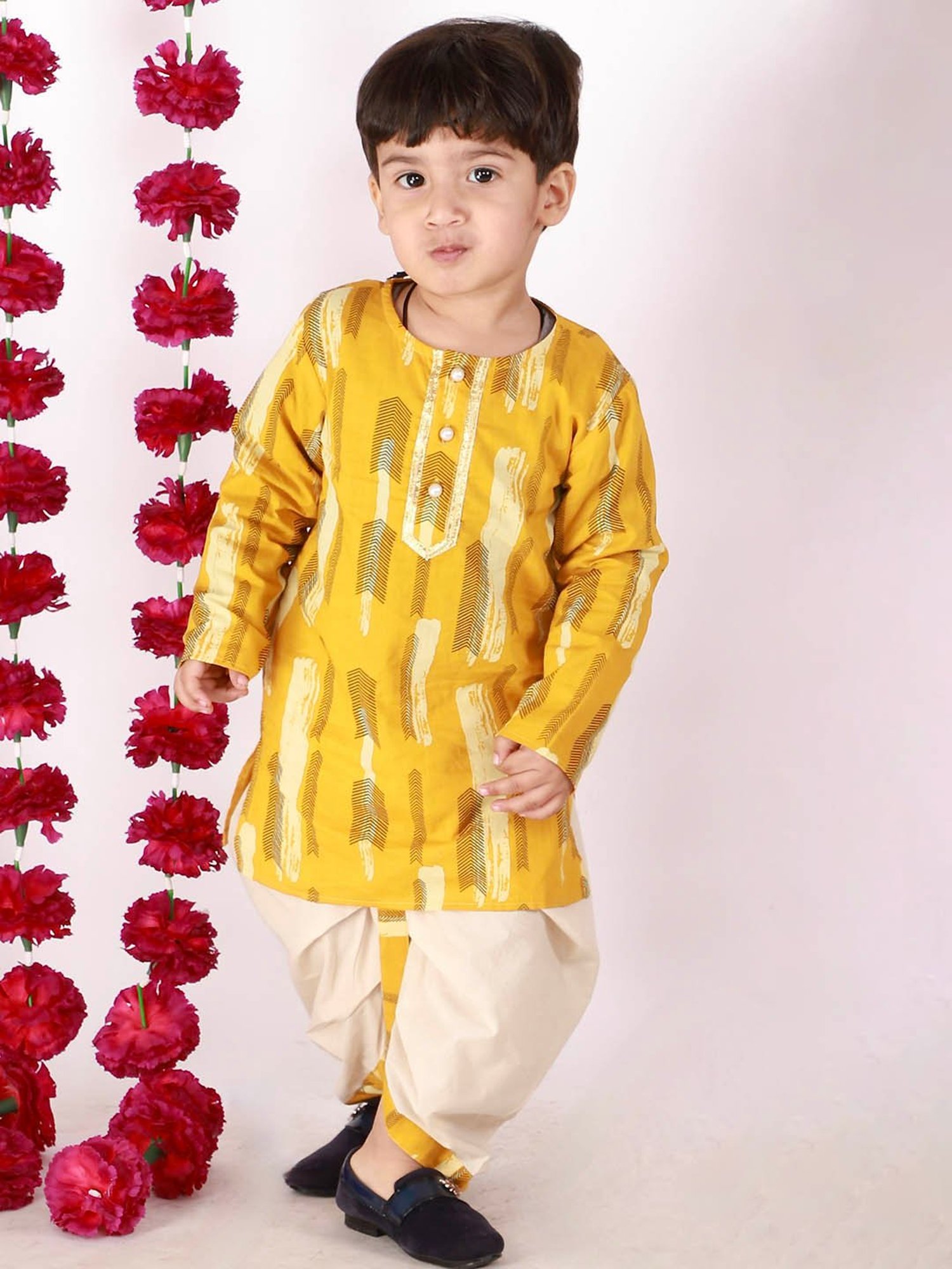 Little Bansi Kids Yellow & Beige Printed Kurta with Dhotis