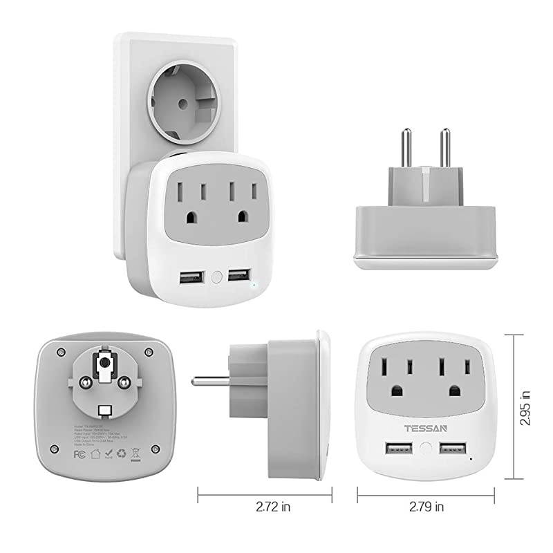 Germany France Travel Power Adapter Schuko Plug with 2 USB Ports 2 American Outlets Outlet Adaptor for USA to Europe EU Spain Iceland RussiaType EF