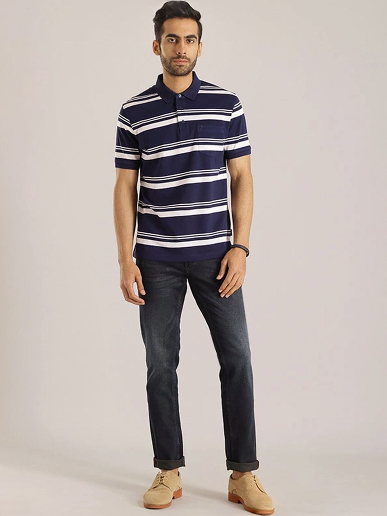 Indian Terrain Peacoat Regular Fit Striped Polo T-Shirt