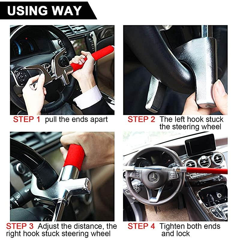 Steering Wheel Lock for Cars,Wheel Lock,Vehicle Anti-Theft Lock,Adjustable Length Clamp Double Hook Universal Fit Emergency Hammer Window Breaker Self Defense Heavy Duty Secure (Red)