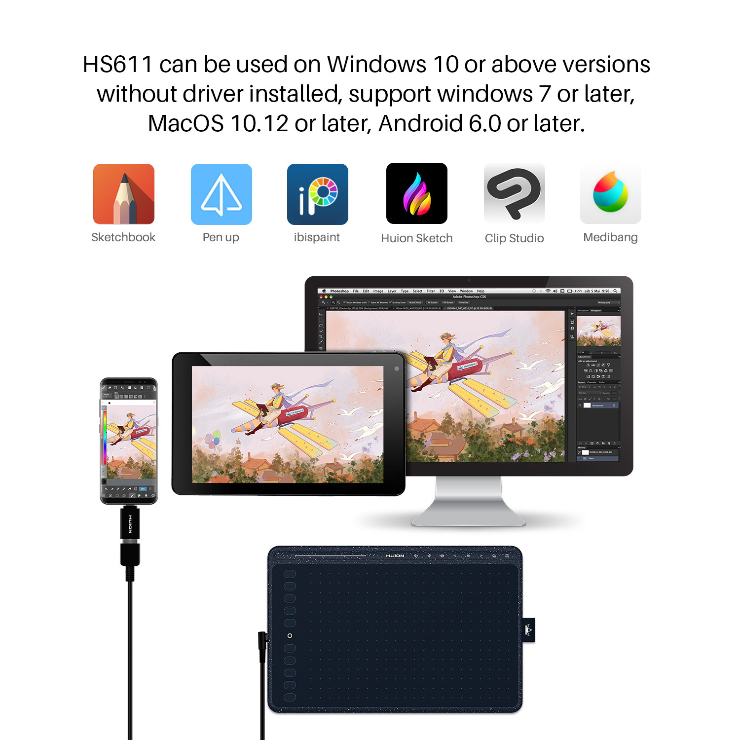 Huion HS611 Graphics Drawing Tablet 10X6 inch with 8192 Levels Battery-Free Pen, 8 Multimedia Keys and 10 Press Keys, Support Android, Ideal Use for Distance Education and Wed Conference,Starry Blue