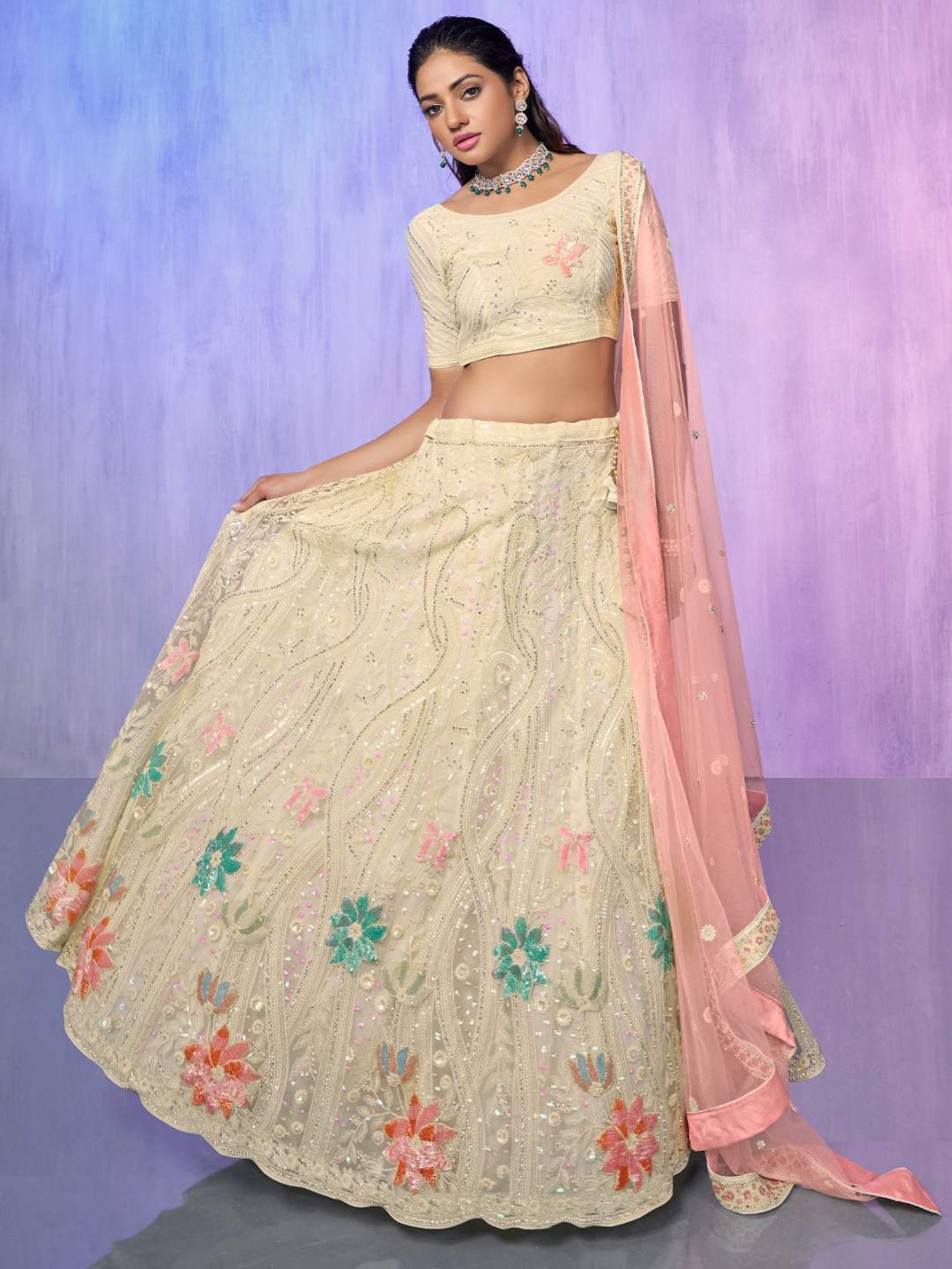Odette Beige Embroidered Semi Stitched Lehenga Blouse Set With Dupatta
