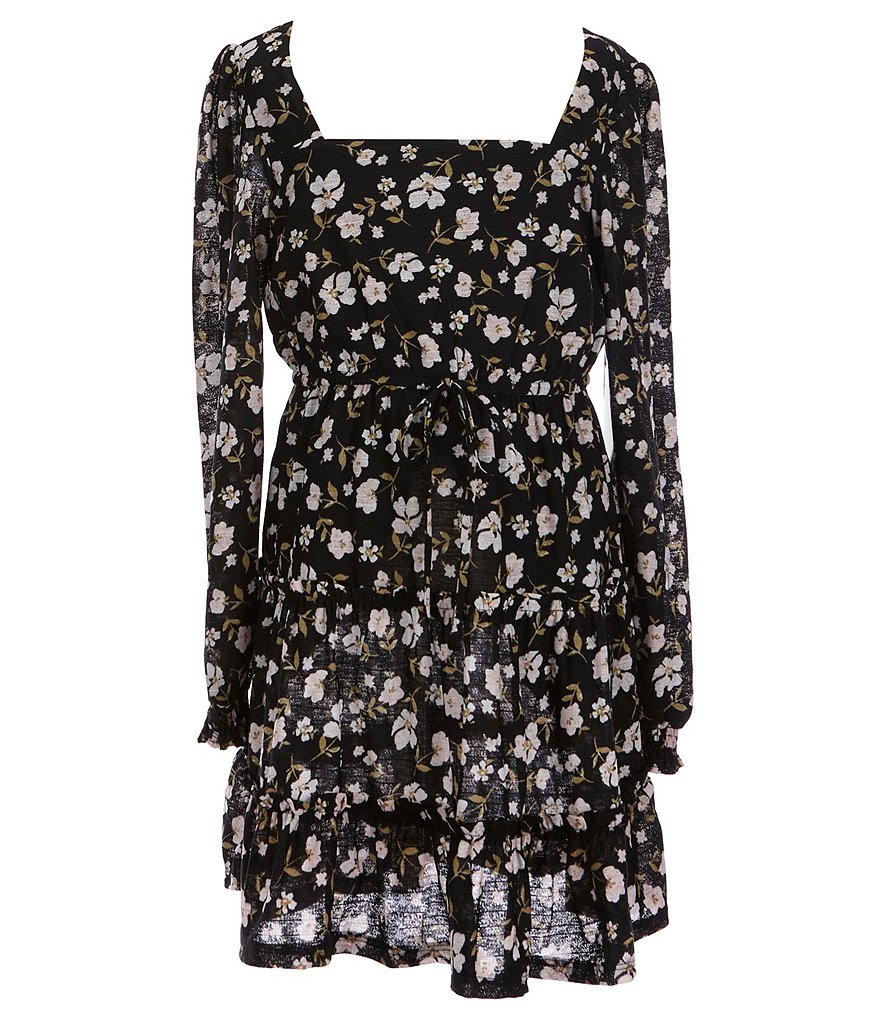 Poppies and Roses Big Girls 7-16 Long-Sleeve Ditsy-Floral Smocked Fit-And-Flare Dress