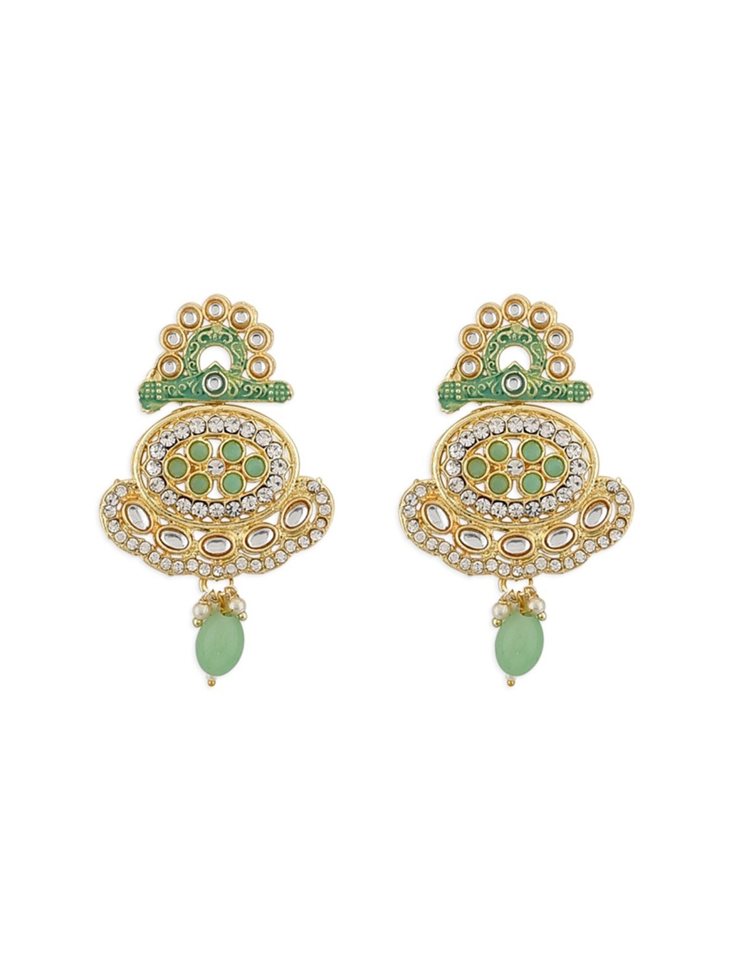 Zaveri Pearls Green Crystals Beaded Multistrand Kundan Necklace, Earring & Ring Set