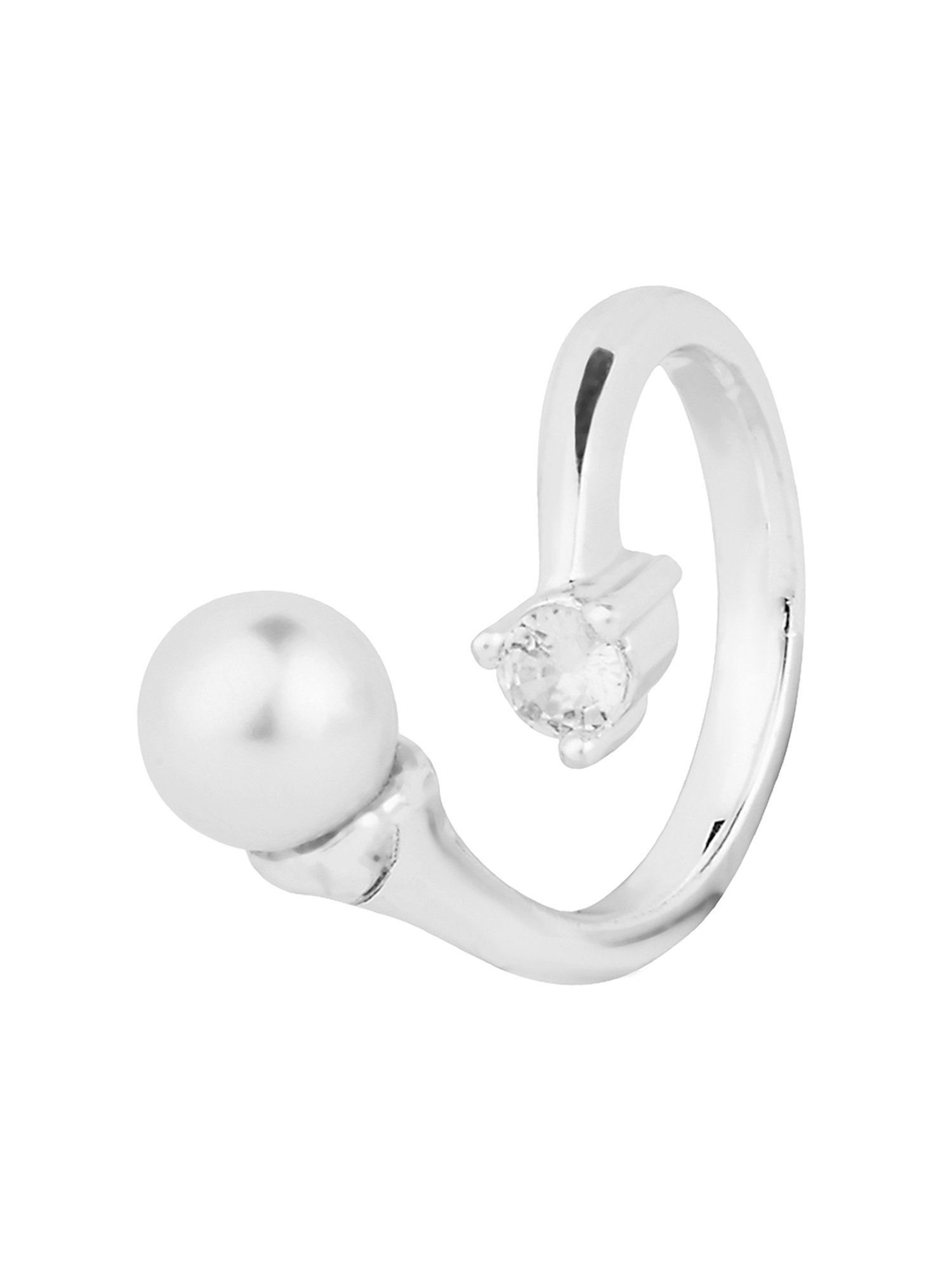 Lilly & Sparkle Brass Rhodium Plated CZ Stone and Pearl Studded Open Finger Ring