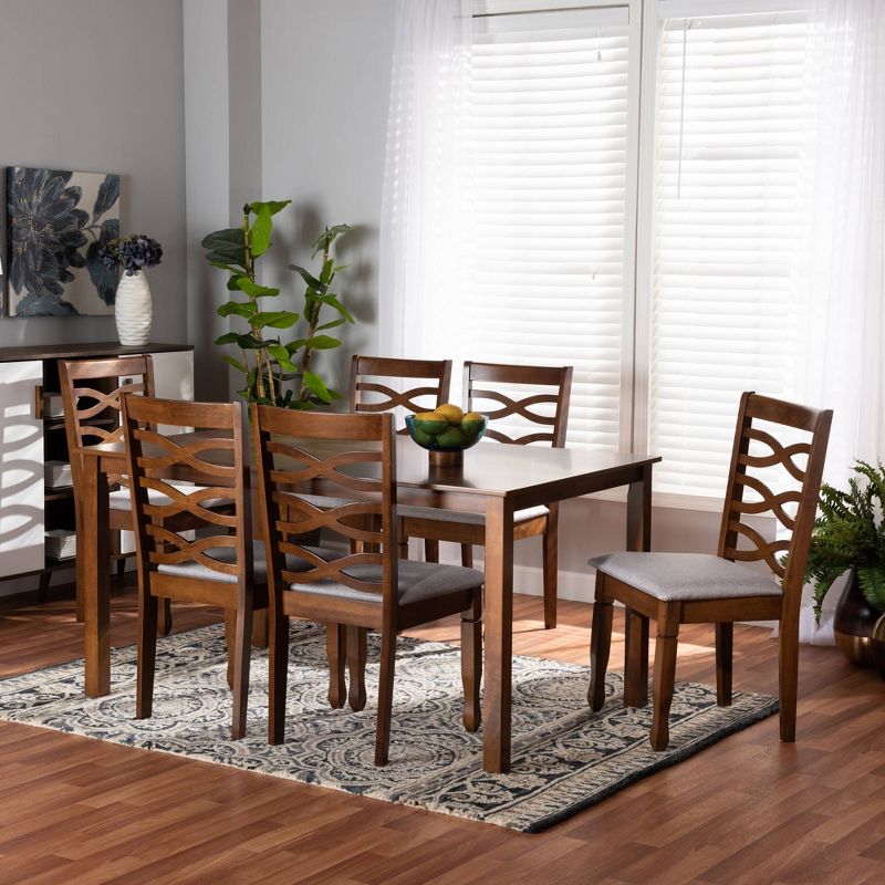 7pc Lanier Fabric Upholstered and Wood Dining Set Gray/Walnut Brown - Baxton Studio