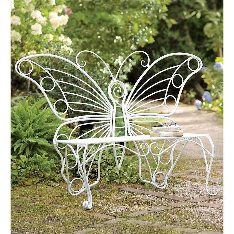 Weather-Resistant White Metal Butterfly Garden Bench