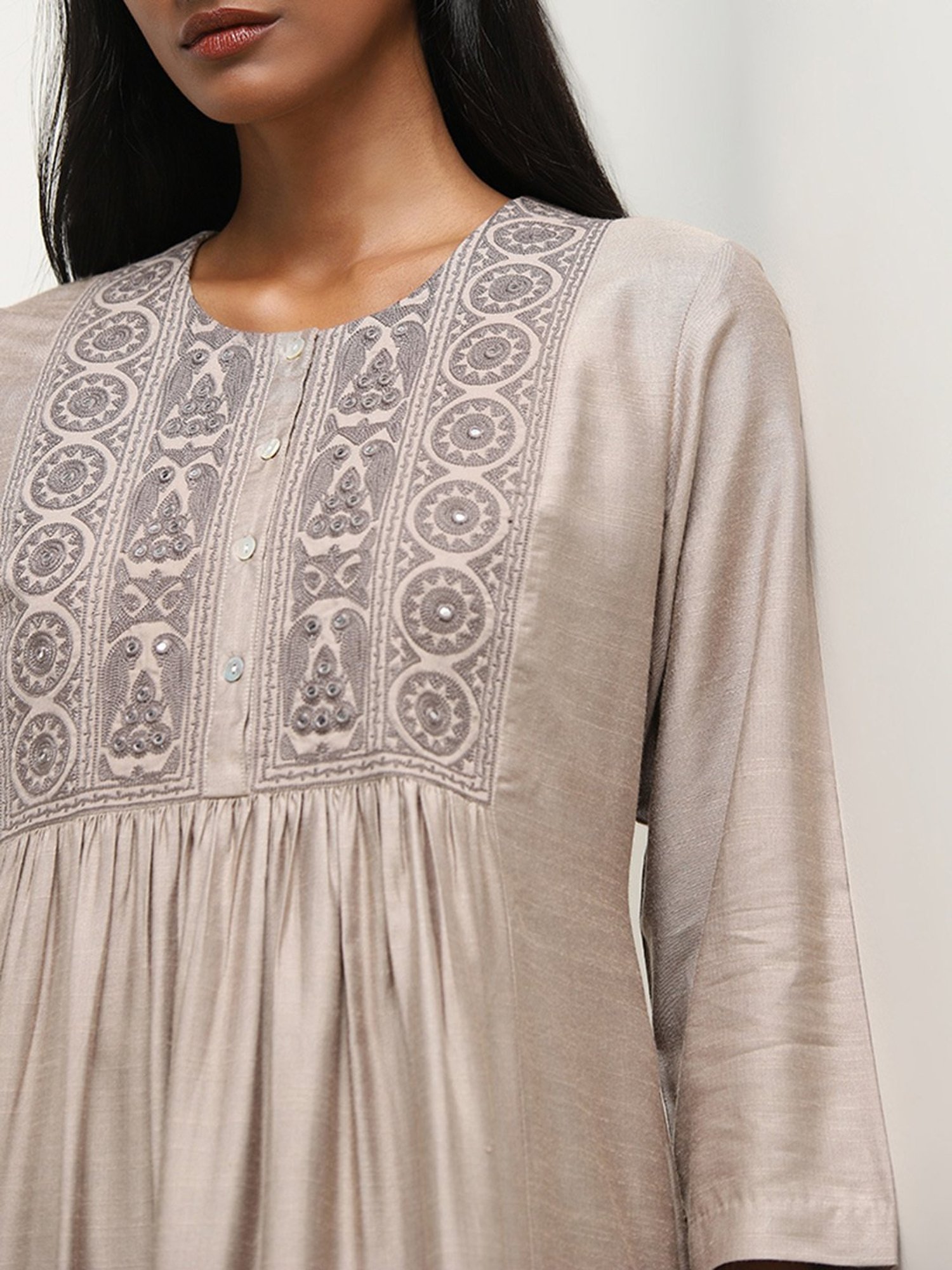Zuba by Westside Taupe Mirror-Work Embroidered A-Line Kurta