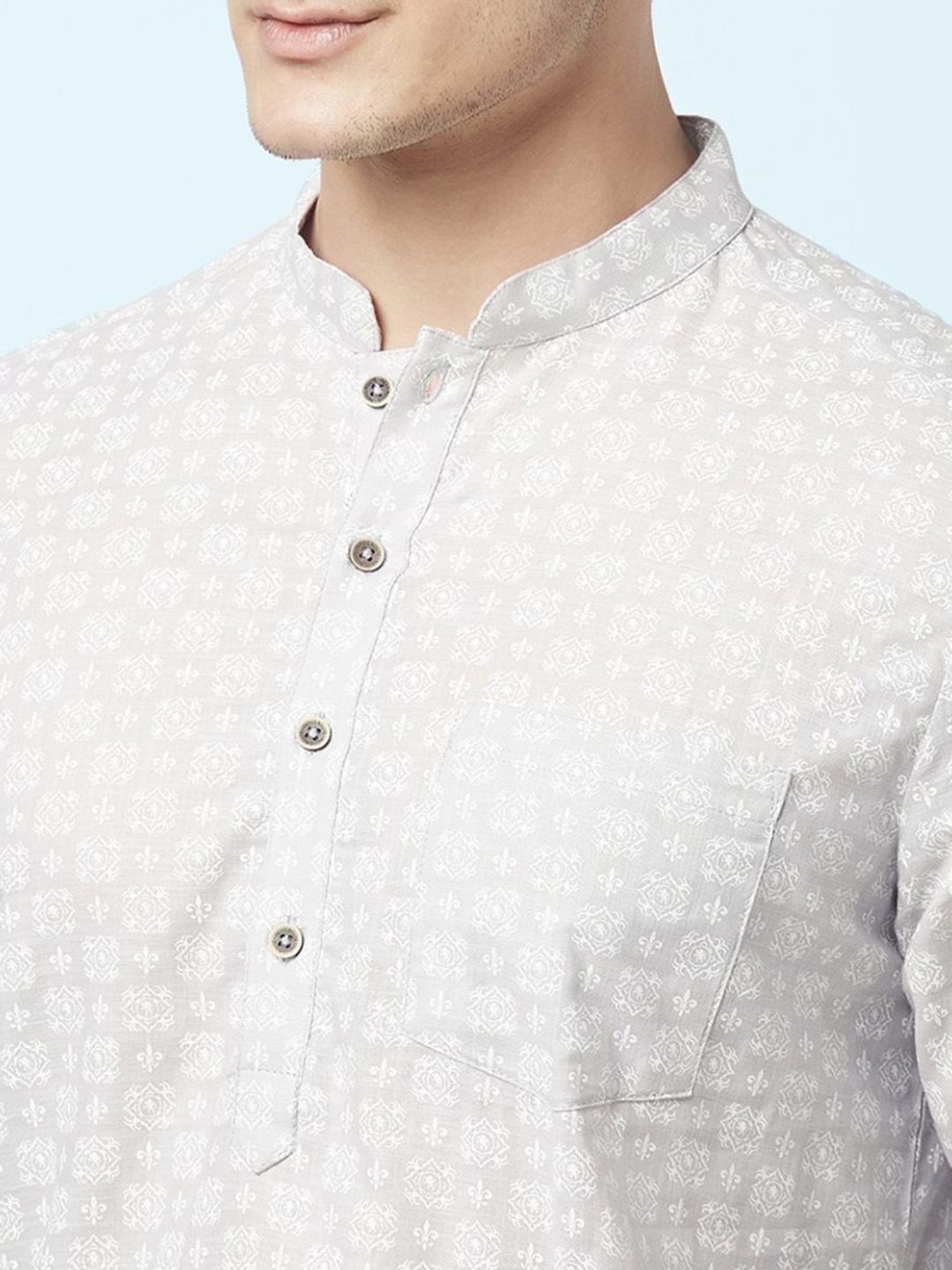 Indus Route by Pantaloons Grey Cotton Regular Fit Printed Short Kurta
