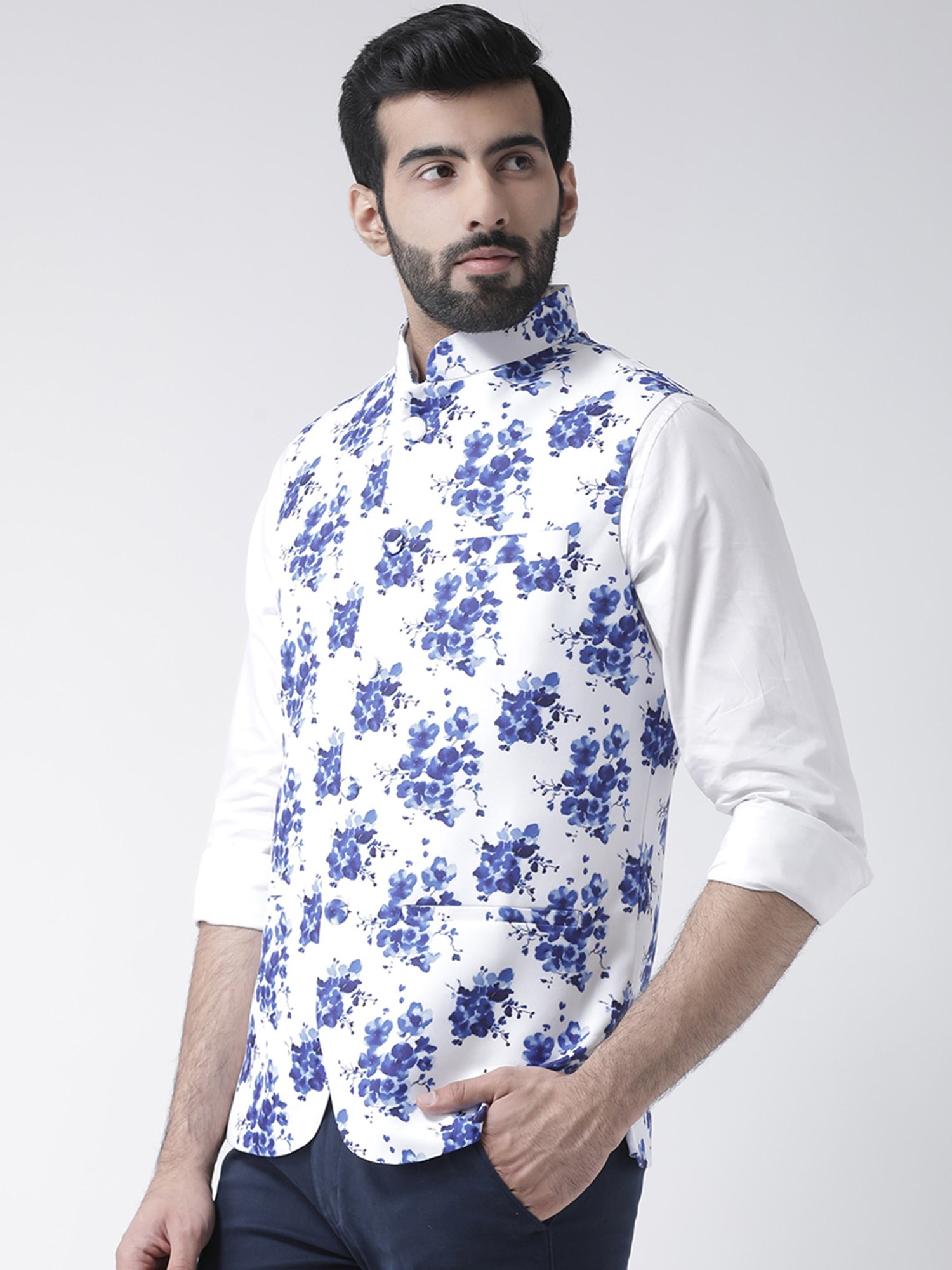 Hangup Plus White & Blue Regular Fit Printed Nehru Jacket