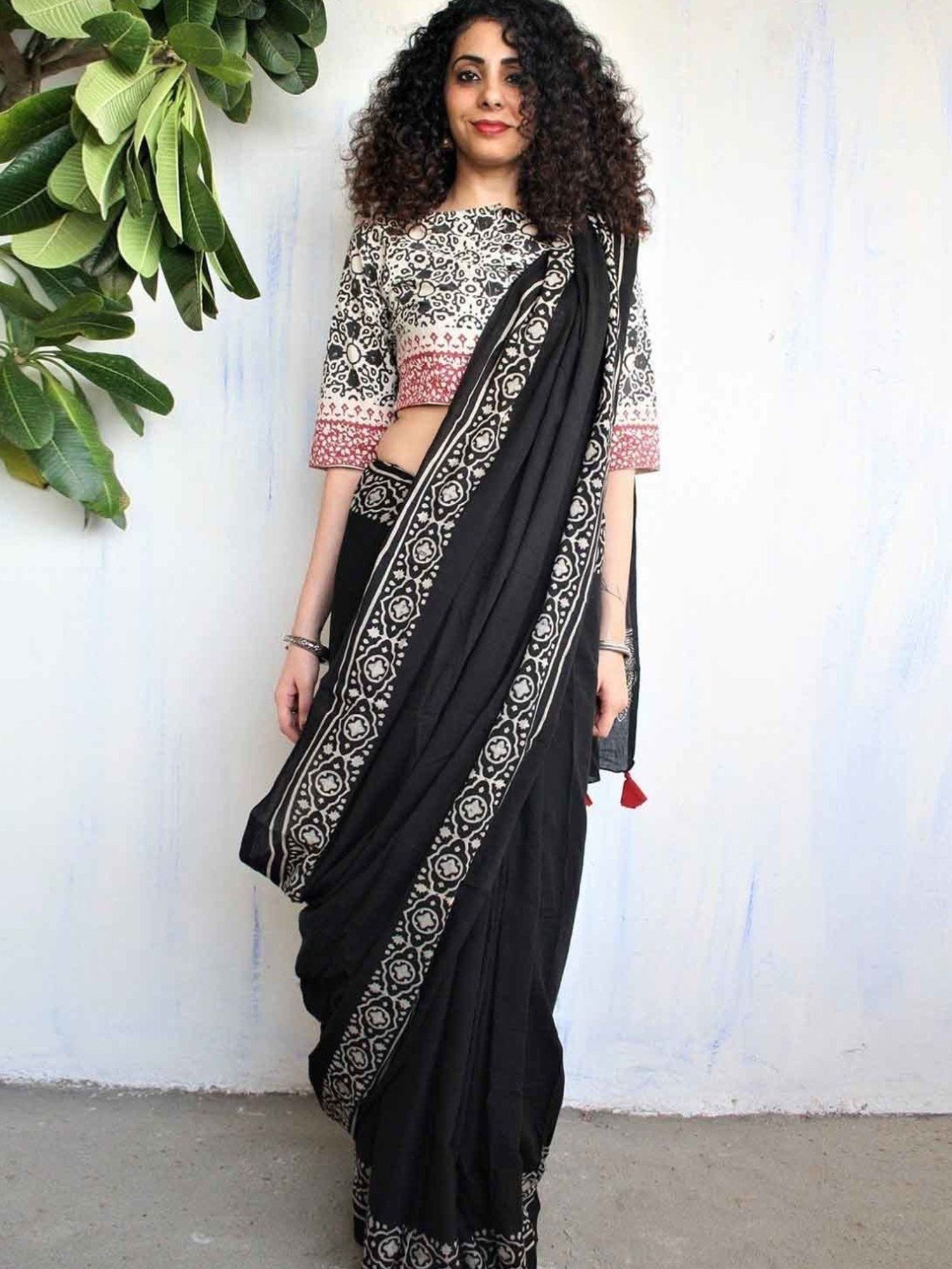 Chidiyaa Ivory & Black Block Printed Cotton Mul Saree