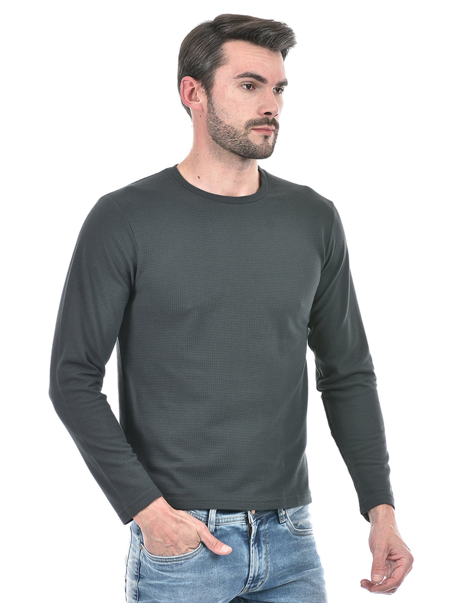 Integriti Dark Grey Regular Fit Textured Crew T-Shirt