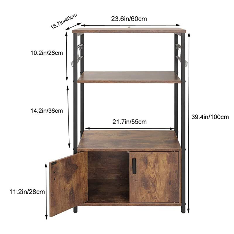 Kitchen Baker's Rack with 1 Cabinet and 8 Hooks, 3-Tier Utility Storage Shelf, Microwave Oven Stand, Industrial Storage Cabinet, Bookshelf for Living Room, Bathroom Cabinet, Rustic Brown