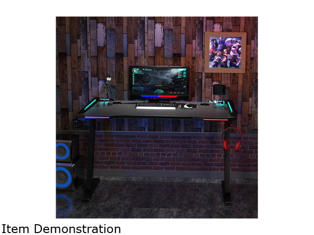 Gaming Desk, 55 Inch Gaming Table, PC Computer Workstation with LED RGB Lights, Headphone Hook and Cup Holder for Home, Black