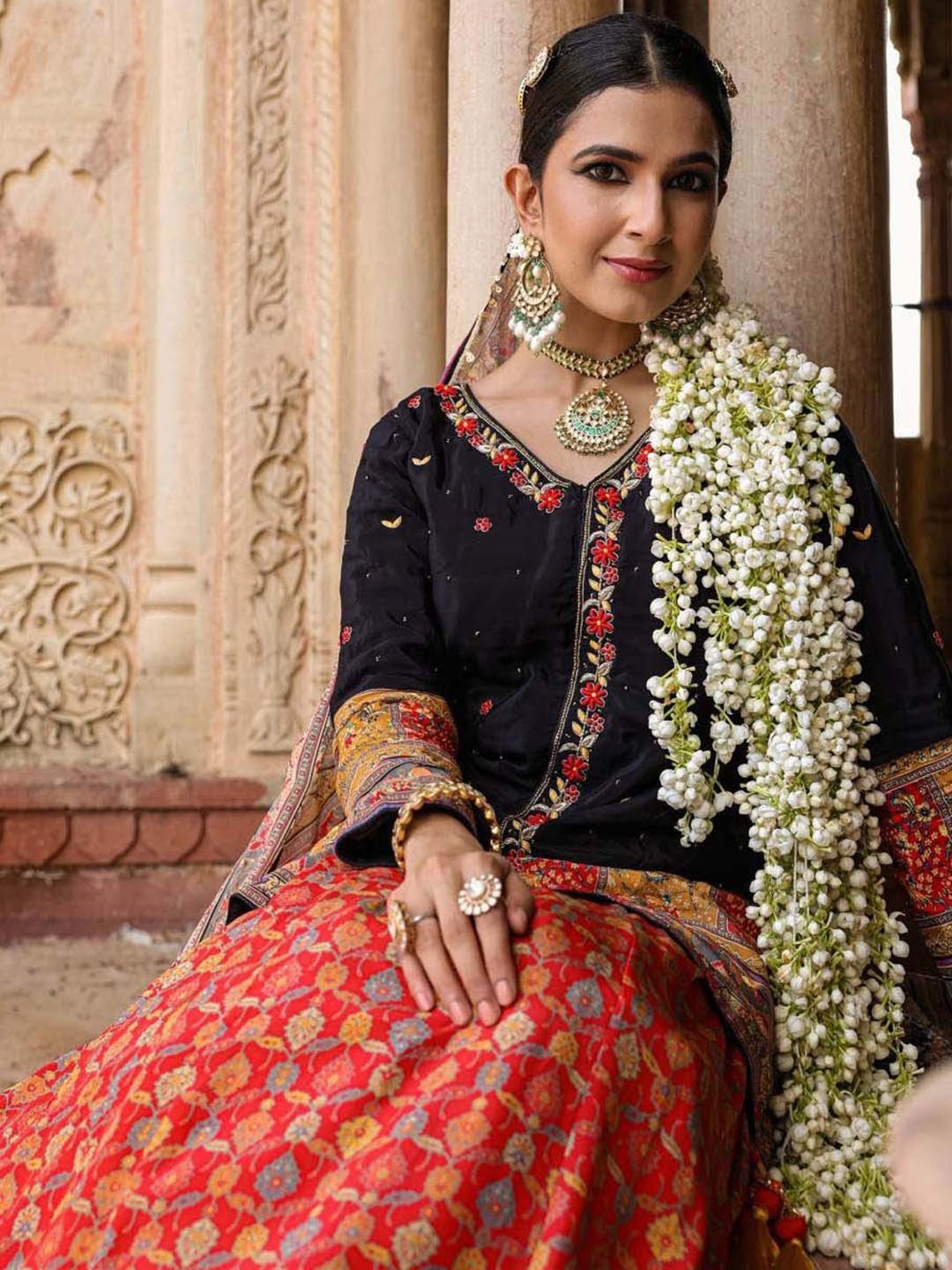 SCAKHI Black & Orange Printed Lehenga Choli Set With Dupatta