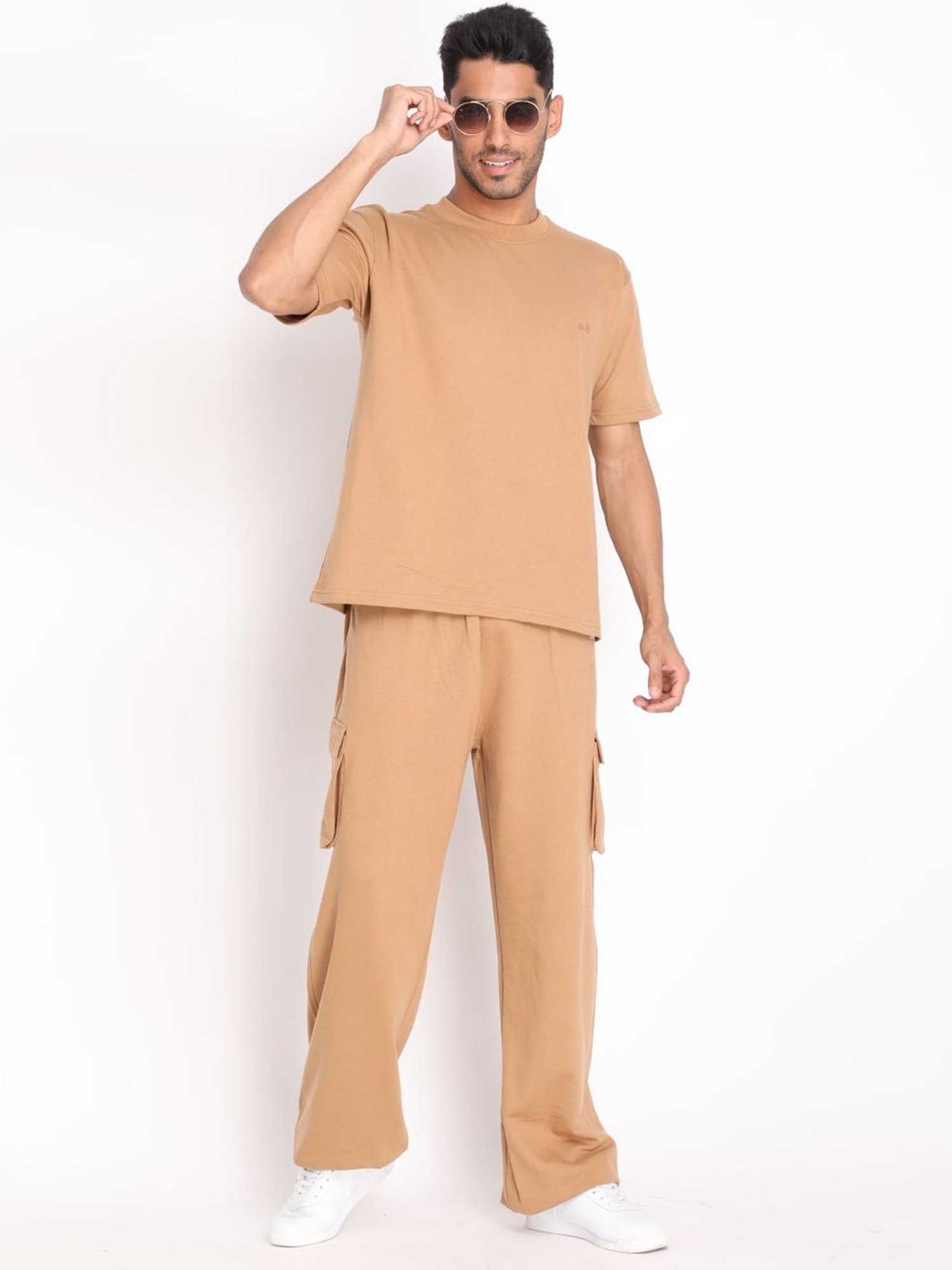 Chkokko Camel Cotton Relaxed Fit Track Pants