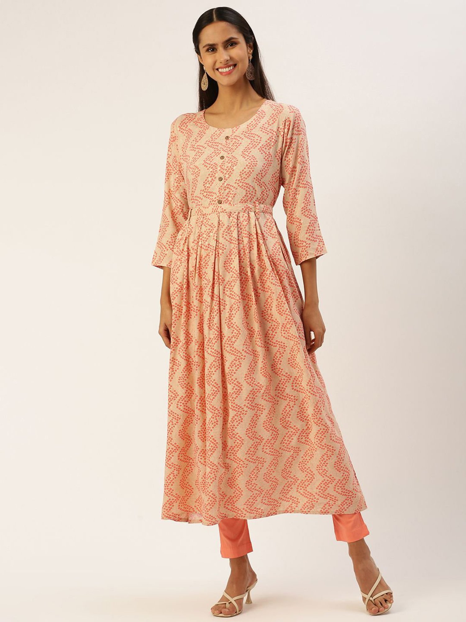 SHANVIKA Beige Printed A Line Kurta